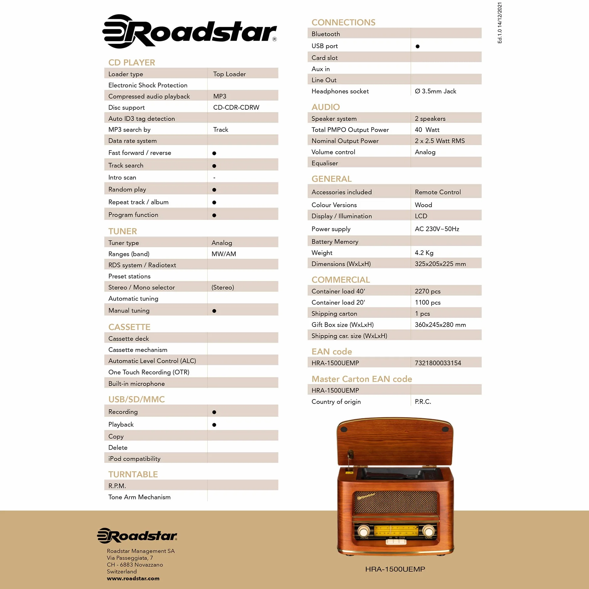 Roadstar HRA-1500UEMP Przenośne radio CD Vintage FM/MW, Odtwarzacz CD-MP3, Funkcja nagrywania USB, Stereo, Pilot zdalnego sterowania, Połączenie słuchawkowe, Drewno