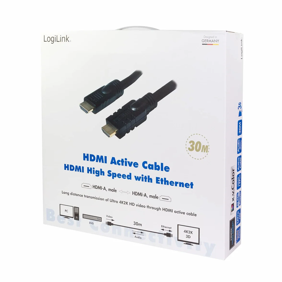 LogiLink CHA0030 aktywny HDMI High Speed z kablem przyłączeniowym Ethernet dla jakości Ultra HD na telewizorze (4K x 2K) długość: 30m czarny