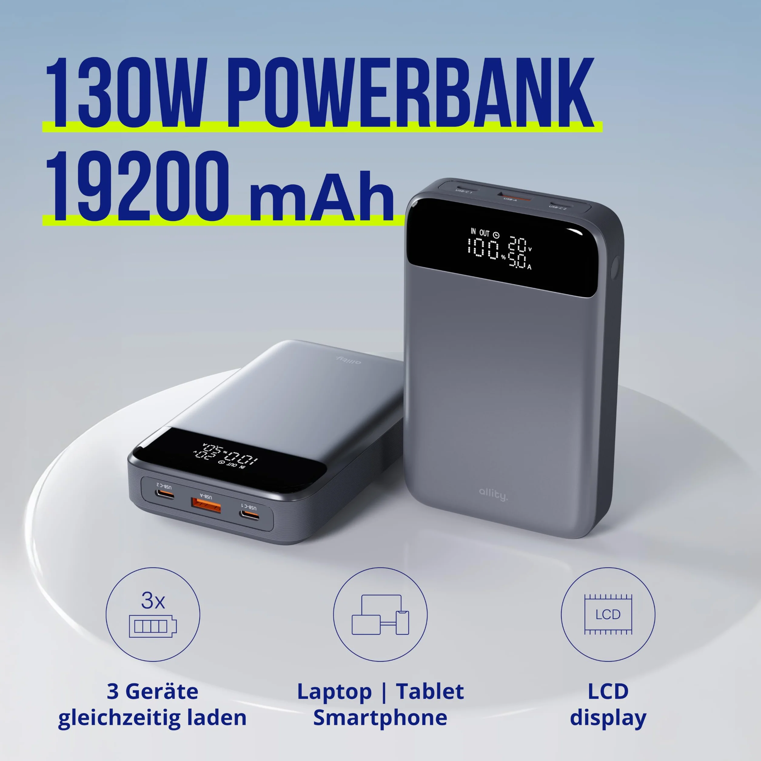 Powerbank 19200 mAh 130 W – USB-C PD & QC szybka ładowarka do laptopa, telefonu komórkowego i tabletu – aluminiowa obudowa, wyświetlacz LCD, kompaktowy, w zestawie kabel 100 W – szary Power