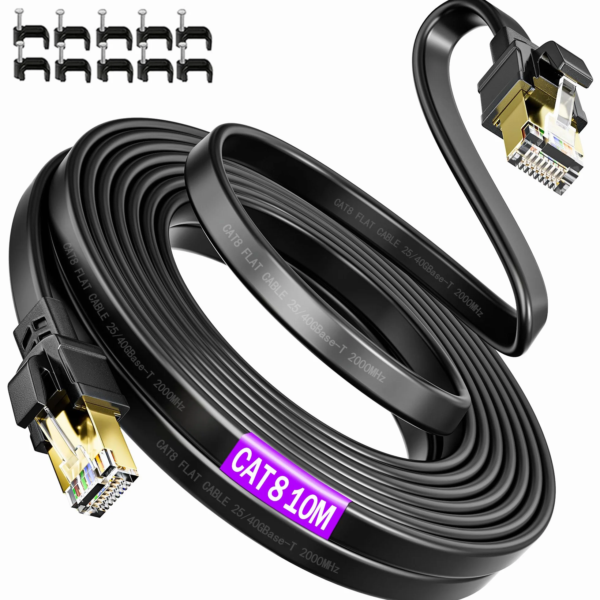 Kabel Ethernet 10m, Cat 8 LAN, Płaski Krosowy Przewód, Kabel Internetowy Wysoka Prędkość, RJ45 Gigabitowy Na Zewnątrz Do Wewnątrz Czarny FTP Ekranowany