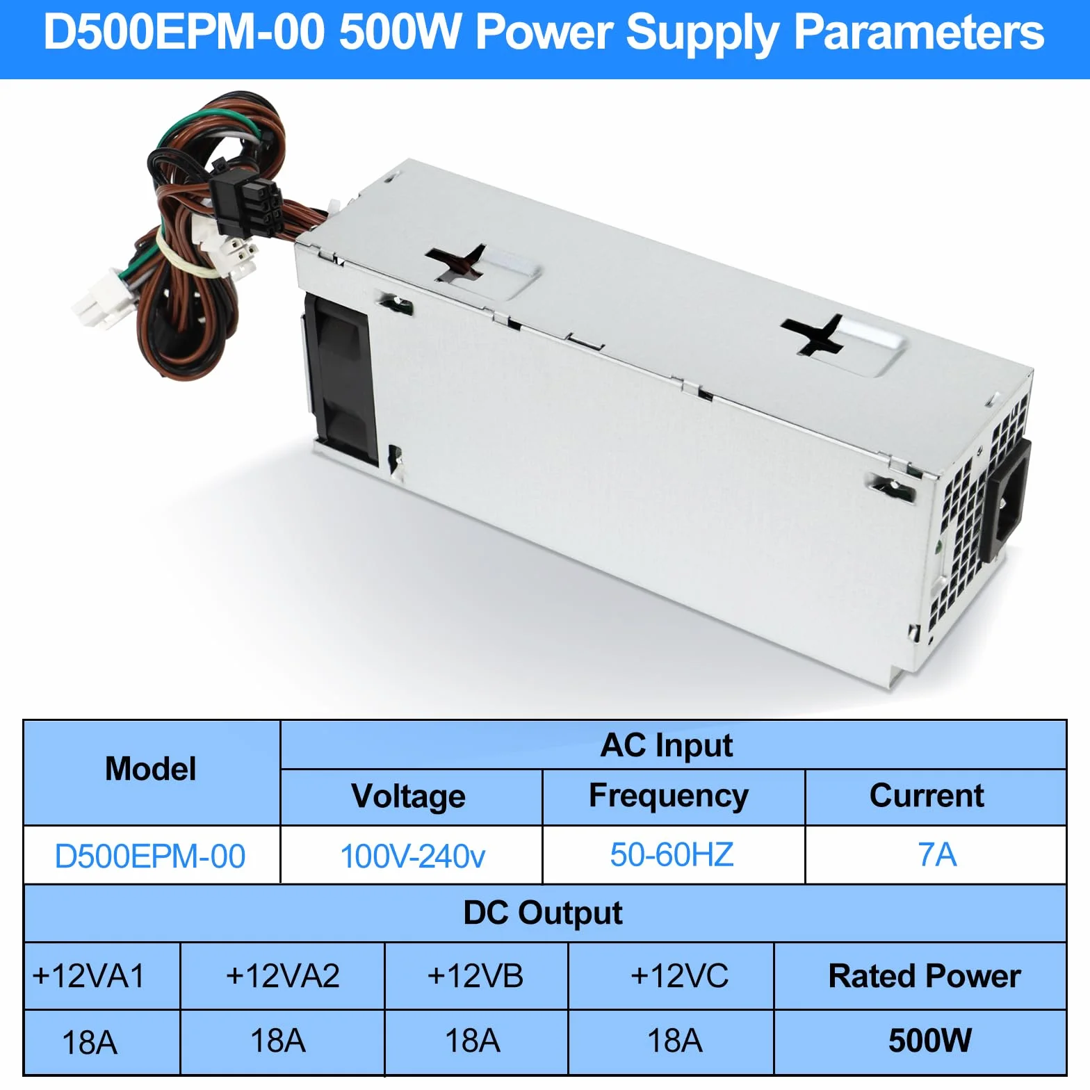 S-Union D500EPM-00 zasilacz 500 W kompatybilny z Dell Optiplex 7080MT 7070MT 7060MT 3050MT 3050 3080 3681 5060 5080 5090 7080 XPS 8940 MT 5K7J880 Y7R00 X H500EPM-00 H460EBM-00 zasilacz