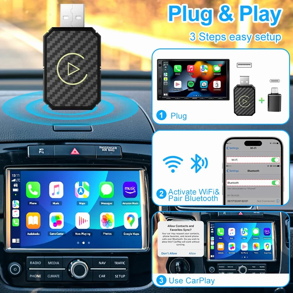 Bezprzewodowy adapter bezprzewodowy Android Auto i Carplay, bezprzewodowy adapter Carplay 2025, 2 w 1, konwersja Wired Android Auto/Car Play in Wireless do pojazdów z Carplay