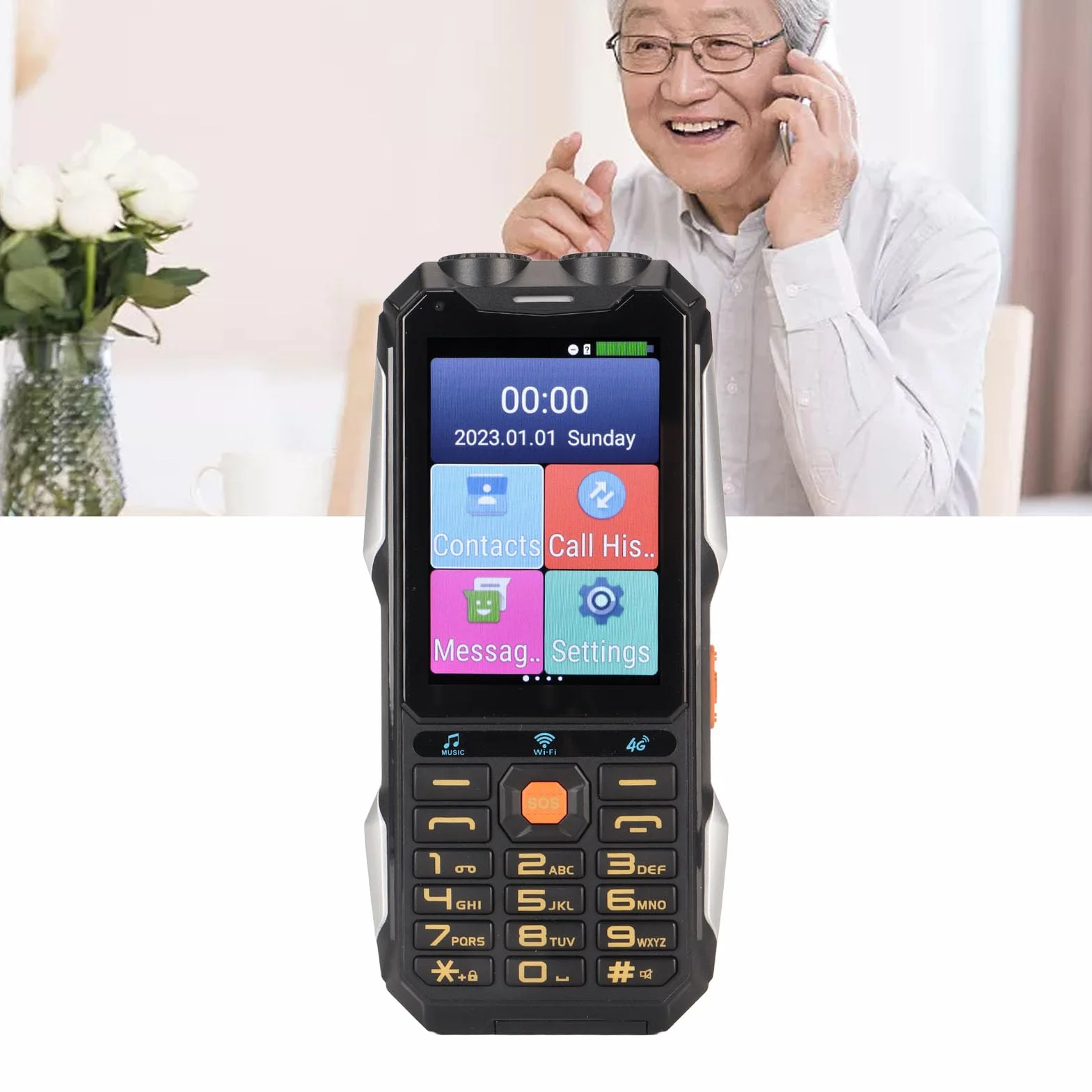 Wytrzymały Telefon Komórkowy dla Seniorów 4G, 4-calowy Ekran Dotykowy, WiFi, Duży Przycisk, Bateria 18000 MAh, Latarka LED, Głośny Dźwięk, Telefon z Szybkim Wybieraniem,7.0, dla