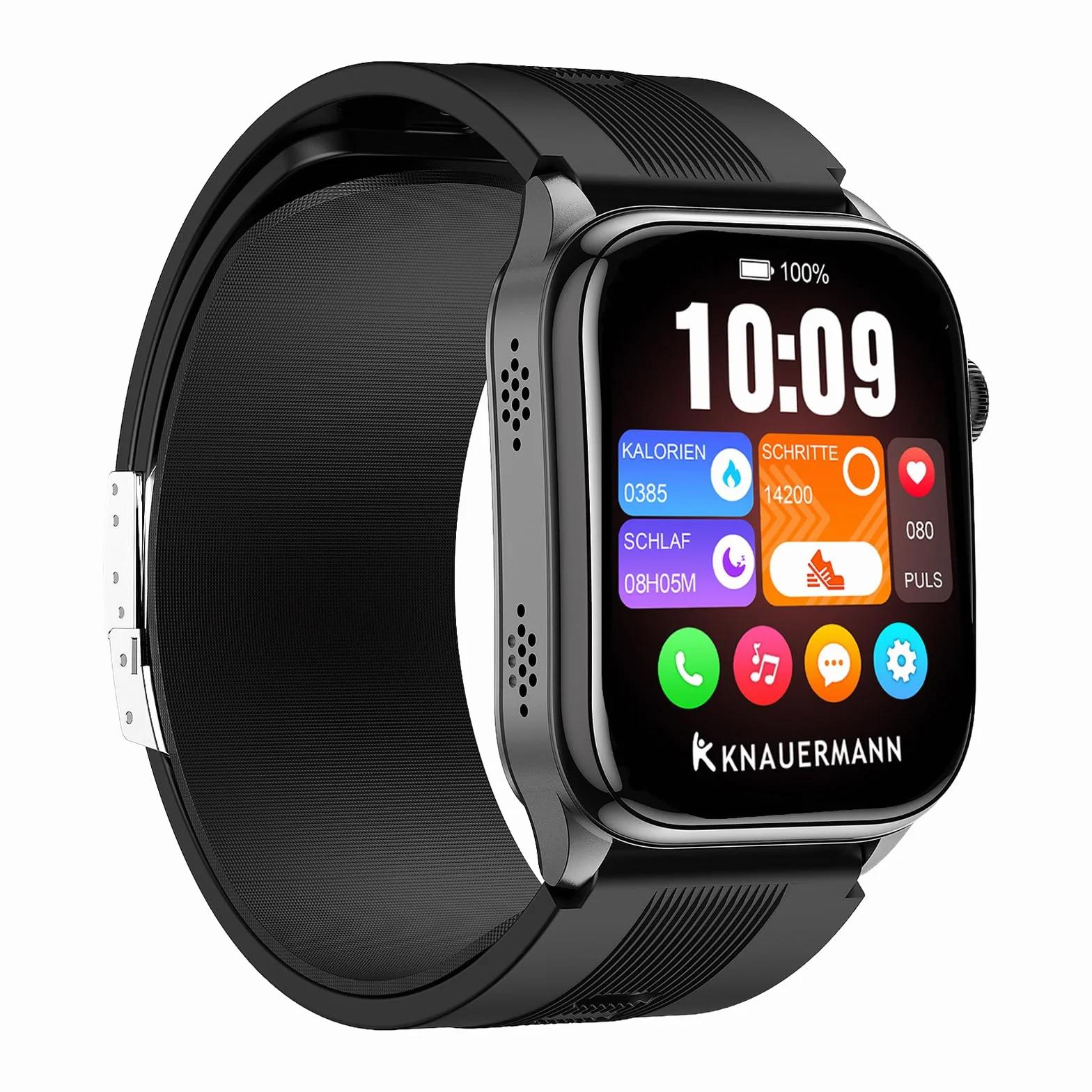Knauermann PRO 4 Air (2026) Smartwatch i tracker fitness dla kobiet i mężczyzn, AMOLED zawsze włączony, IP66, Bluetooth 5.3, bateria do 25 dni, Android i iOS, czarny, kwadratowy, silikonowy pasek