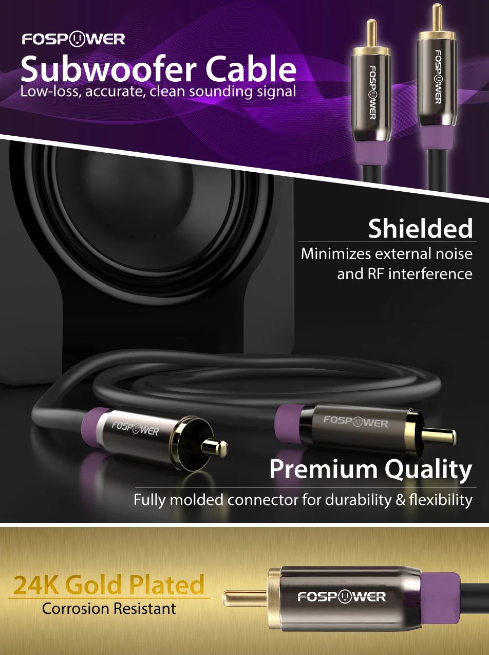 FosPower Kabel subwoofera (3,0 m), pozłacany 24-karatowym złotem, podwójnie ekranowany, złącze kabla audio subwoofera RCA do dźwięku przestrzennego/Dolby Digital/DTS, męski na męski