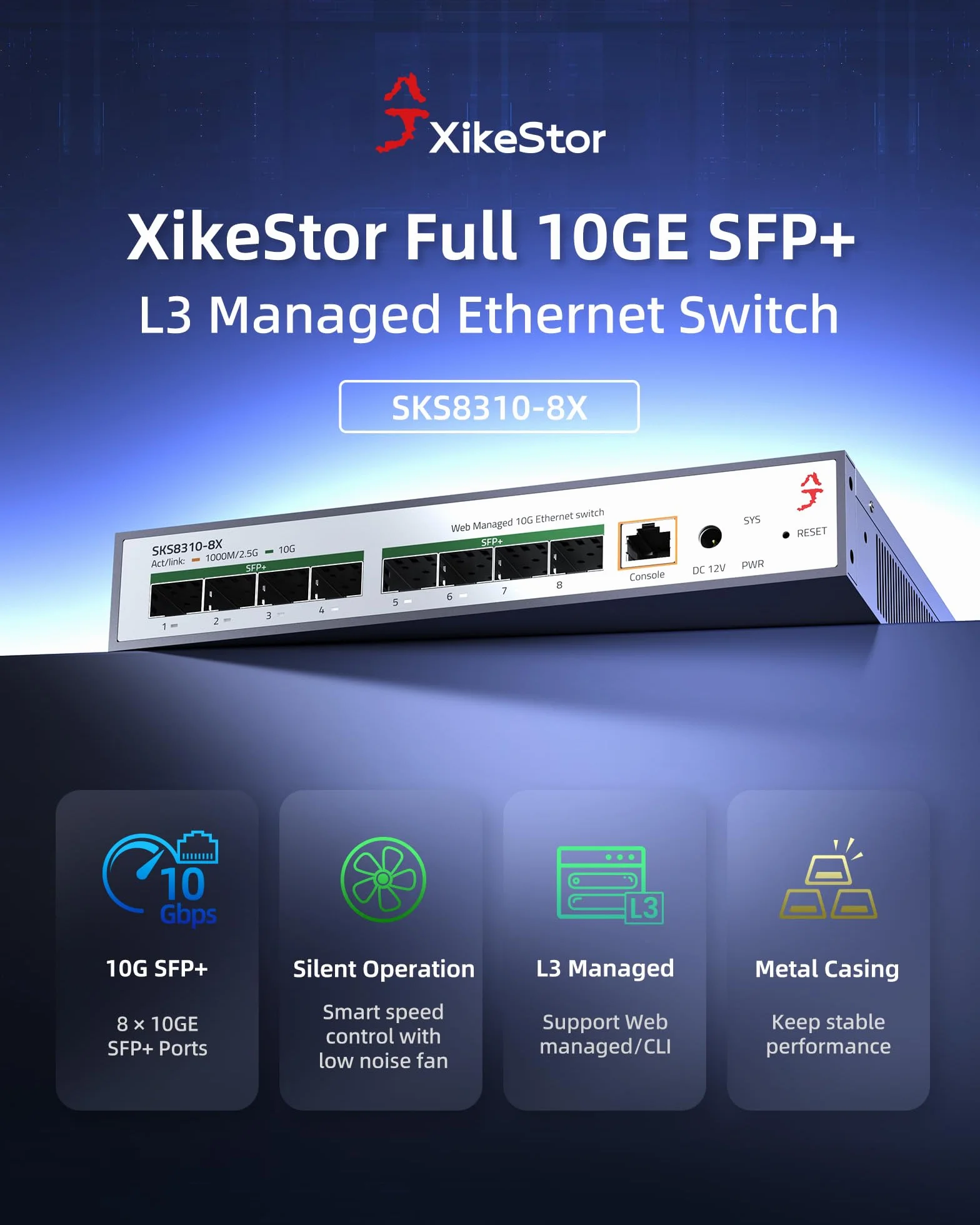 L3 10G 8-Portowy przełącznik zarządzany SFP+, obsługuje moduły 1/2.5/10G, przepustowość 160Gbps, agregacja łączy, VLAN/DHCP/QoS, inteligentne chłodzenie wentylatorem