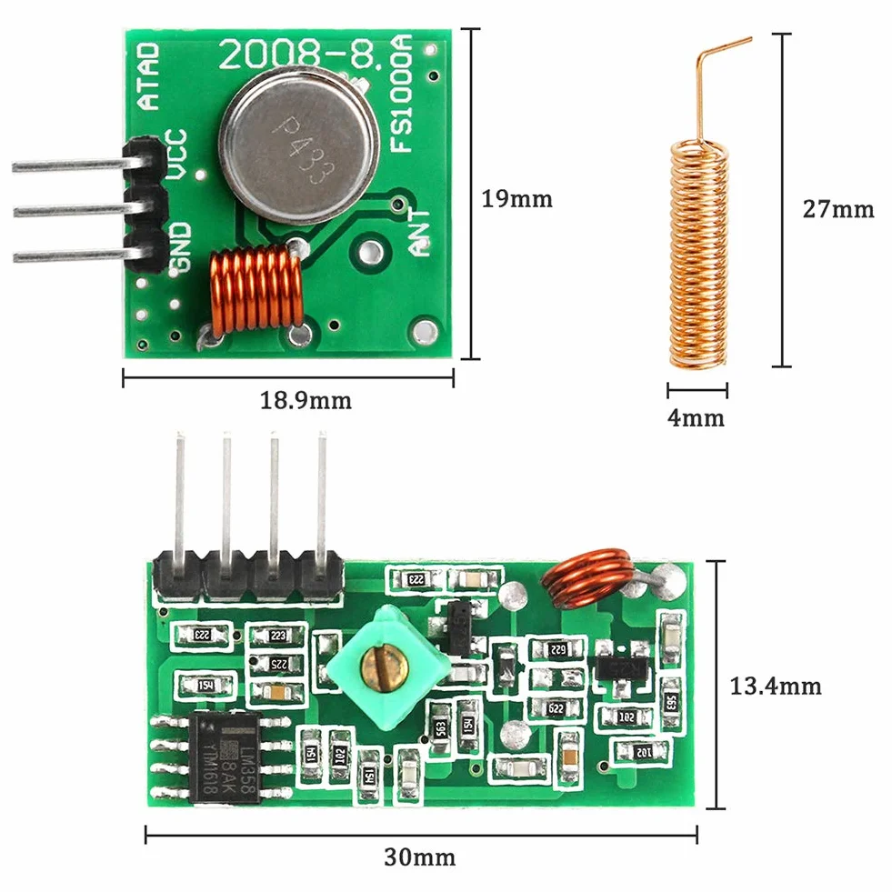 3-częściowy zestaw 433 MHz RF bezprzewodowy moduł nadajnika i odbiornika + RF 433 MHz miedziany zestaw anteny sprężynowej, wysokiej częstotliwości super regeneracyjny moduł nadajnika do alarmu włamywacza Arduino