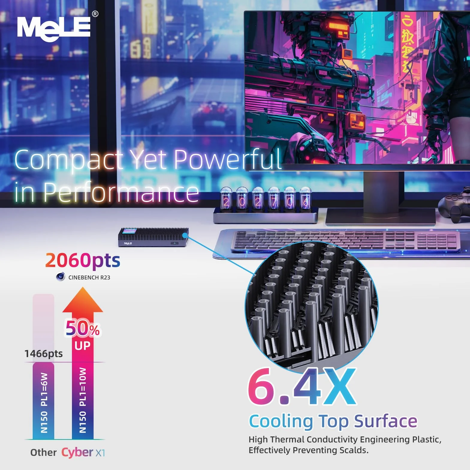 MeLE Cyber X1 Fanloze Mini-PC, N150 32GB 512GB, Dubbele HDMI, USBC Dispaly | N150 tot 3.6GHz, 32GB RAM, 512GB SSD, 4K dubbele HDMI display, USB-C PD3.0, for Home Offfice IoT,Astrophotograpghy