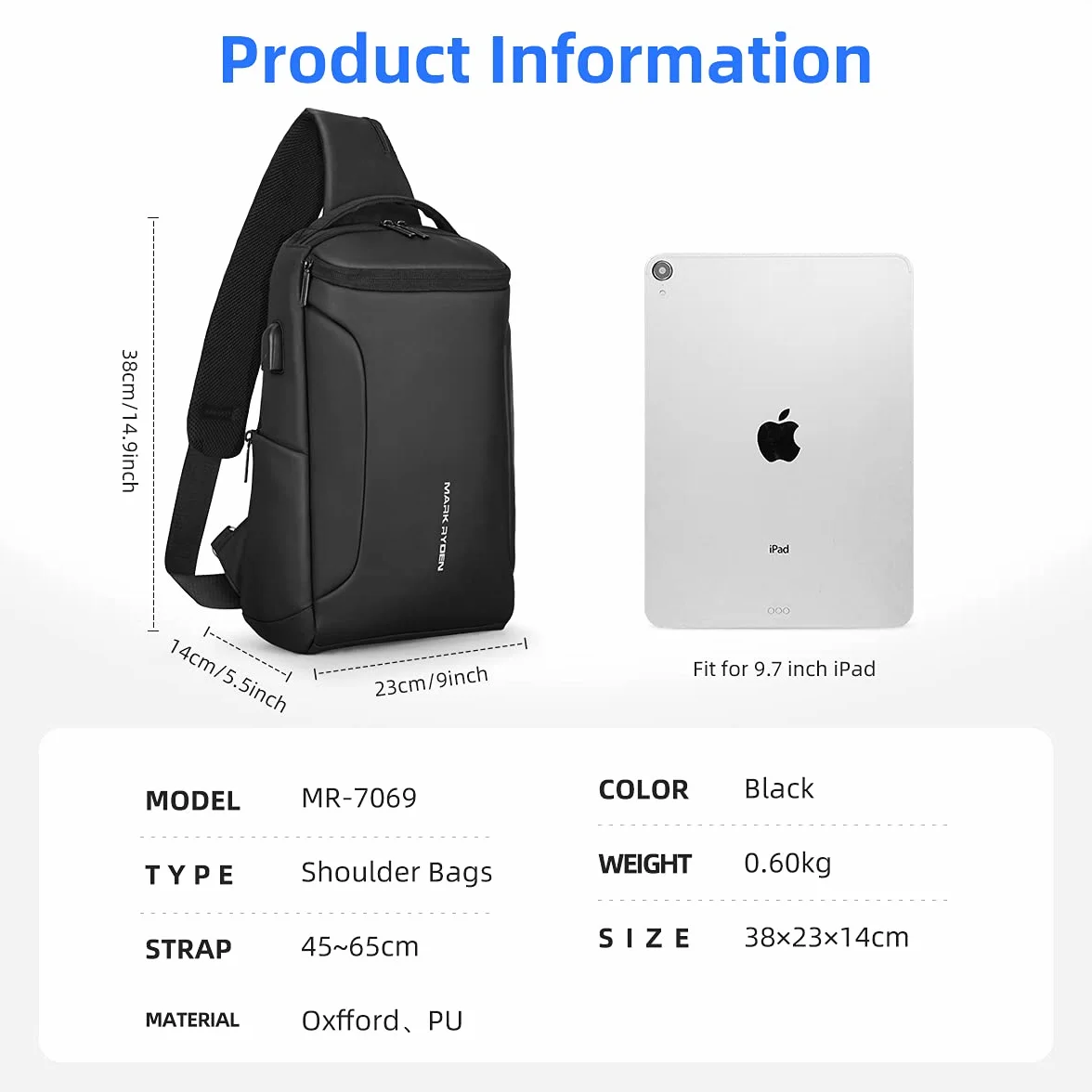 Muzee Torba na ramię, wodoodporny plecak typu crossbody, plecak z zabezpieczeniem przed kradzieżą z wieloma kieszeniami, swobodny plecak męski (dla iPada 10,5 cali)