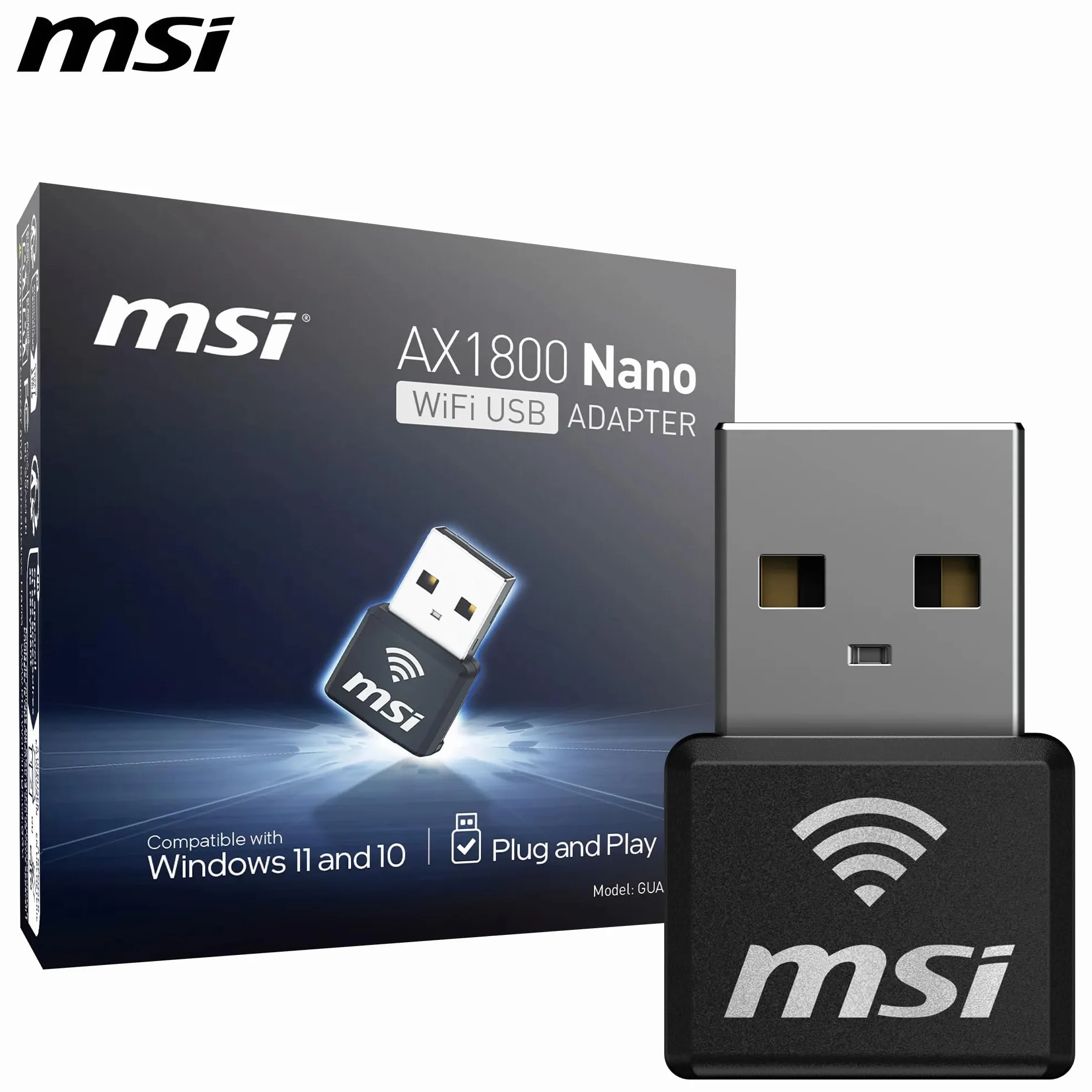 MSI AX1800 Nano WiFi adapter USB do komputera/laptopa, WiFi 6 dwuzakresowy 2,4 G/5G bezprzewodowy adapter sieciowy do komputera stacjonarnego, rozmiar podróżny, obsługuje Windows 11,10