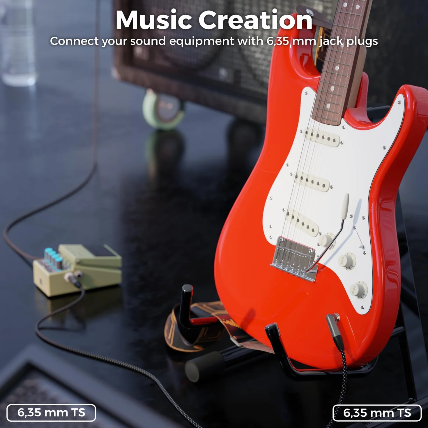 deleyCON Kabel Gitarowy 6,35 mm 5 m, Kabel Instrumentalny TS Mono z Wtykiem Kątowym - do Gitary Elektrycznej, Basu, Perkusji, Pedałów Efektów, Wzmacniaczy, Mikserów, Tunerów, Głośników