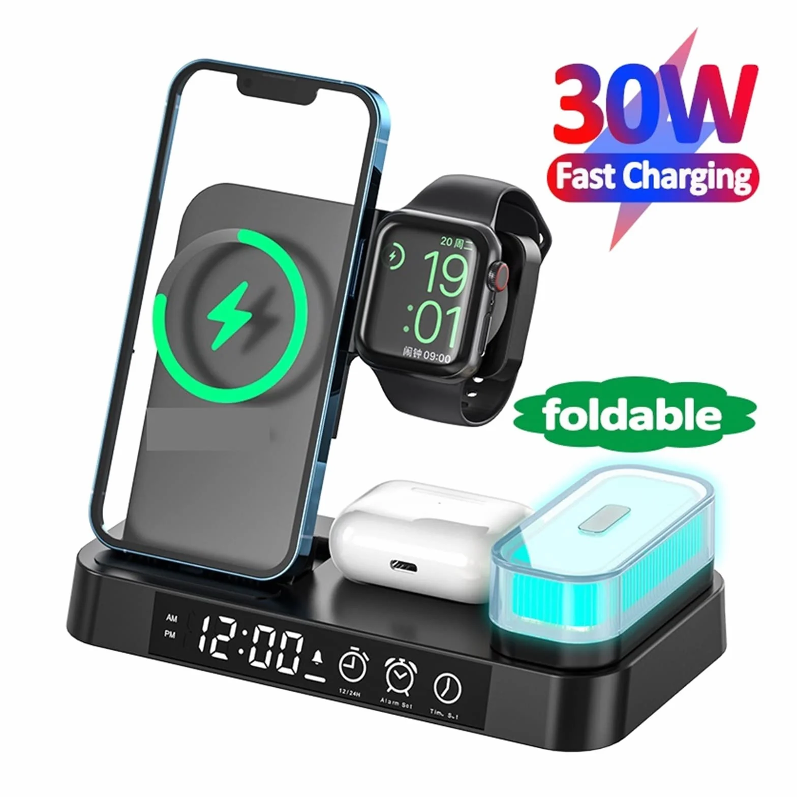 Ładowarka bezprzewodowa, Składana bezprzewodowa stacja ładująca 30 W Zegar RGB do telefonu Szybkie ładowanie słuchawek do zegarka(White with plug)