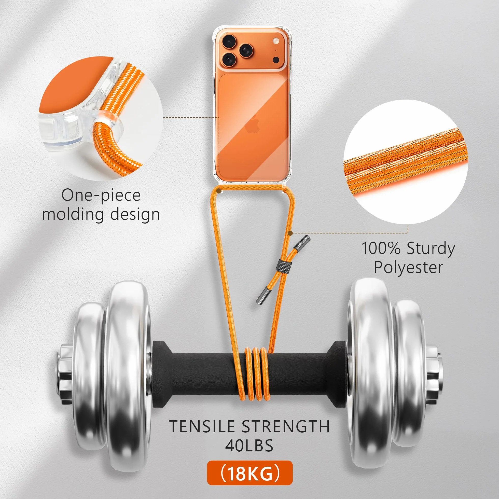 DiDaDi Zestaw 4 w 1 ze smyczką na telefon komórkowy iPhone 17 Pro Max, etui z paskiem, przezroczyste, zdejmowane etui ochronne ze smyczą, 2 x szkło pancerne, etui na telefon komórkowy (pomarańczowe)