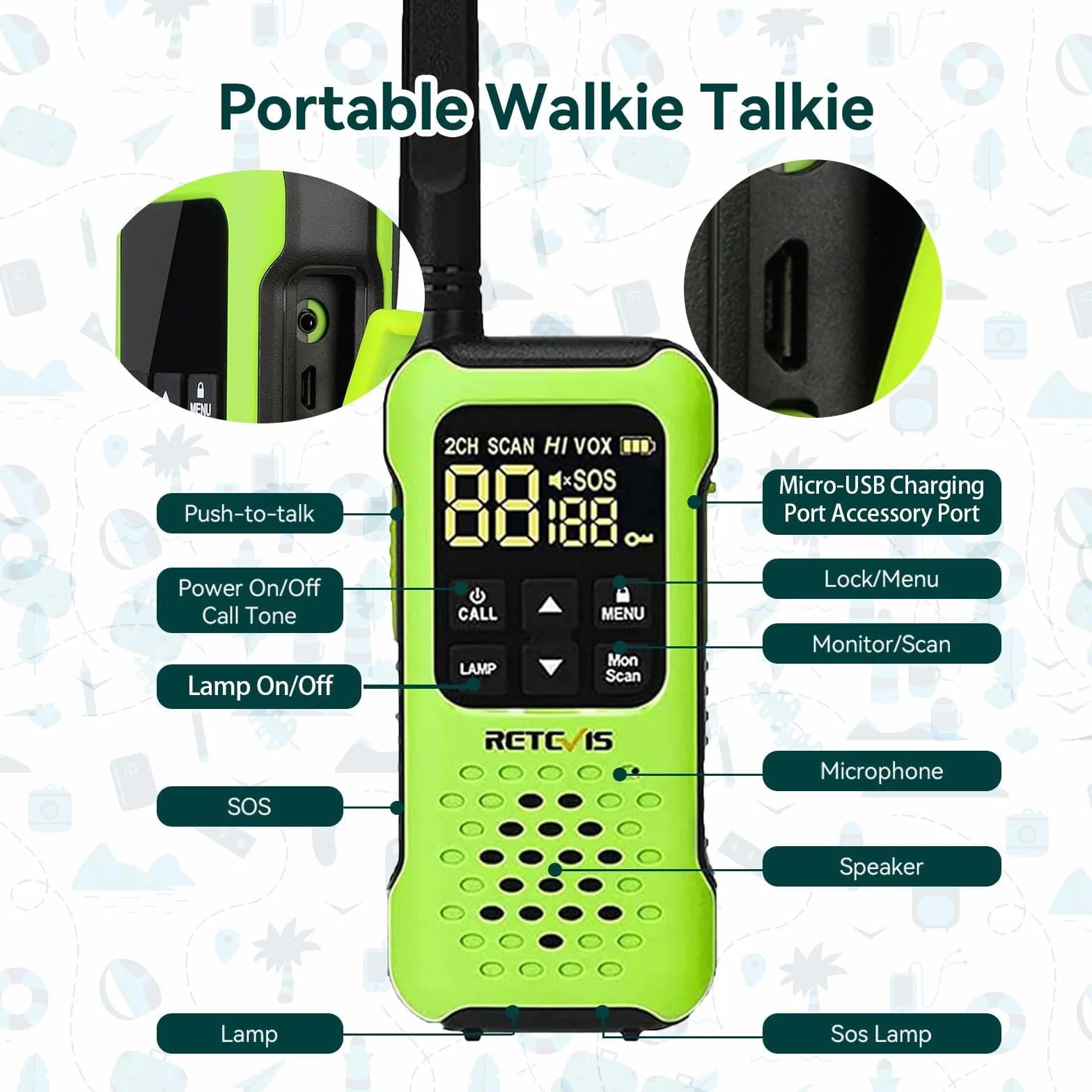 Retevis RT649P Walkie Talkie Wodoszczelny Pływak PMR 446 Bez Licencji 16 Kanałów Latarka LED CTCSS/DCS VOX Na Zewnątrz Ratować Nagły Wypadek Kajak Wędkarstwo Polowanie Surf Lato (1 para, zielona)
