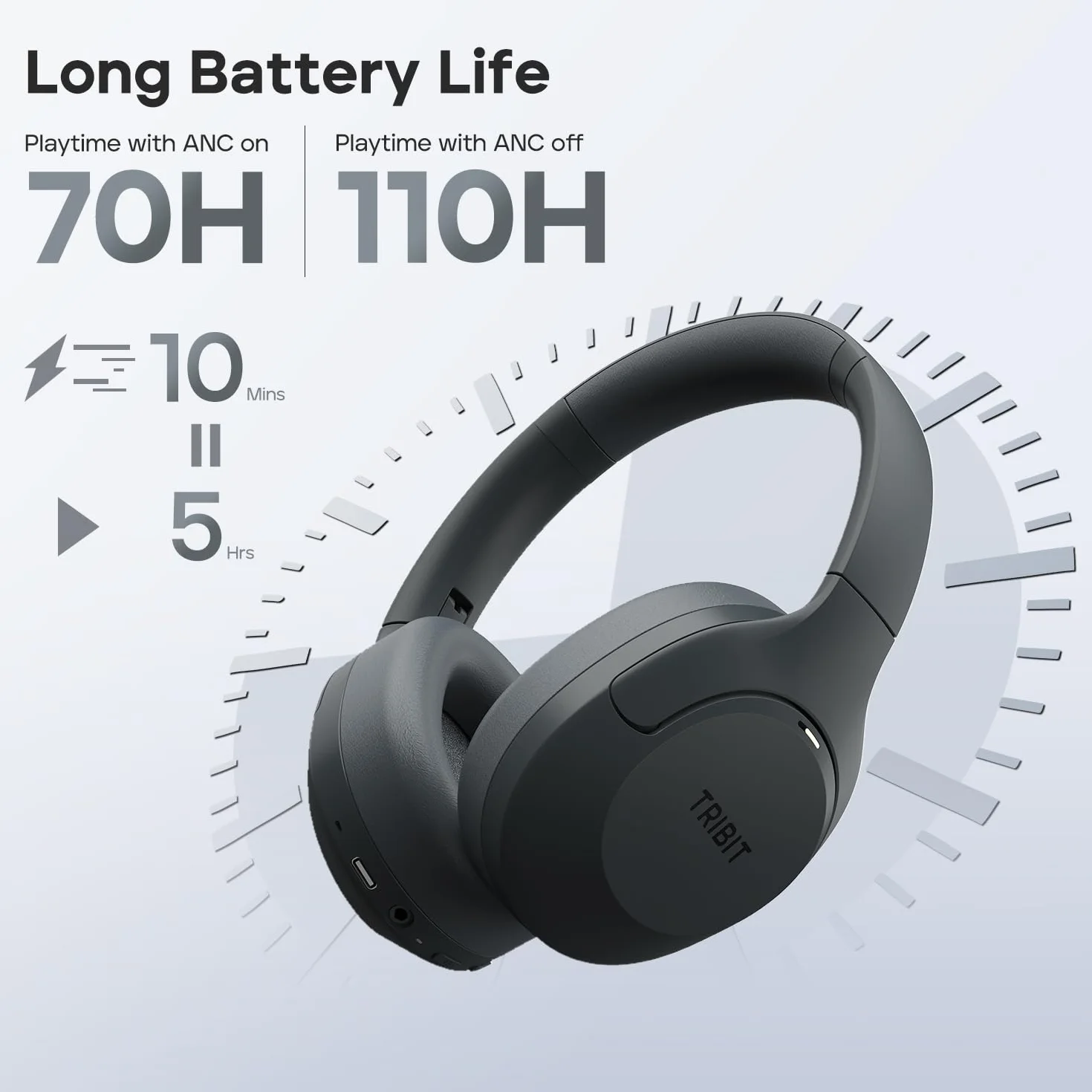 Tribit QuietPlus 81 bezprzewodowe słuchawki nauszne, czas odtwarzania 110 h, czarne | Redukcja szumów, Bluetooth 6.0, 6 trybów EQ za pomocą aplikacji, głęboki bas, składany, wygodny, lekki, gotowy do podróży