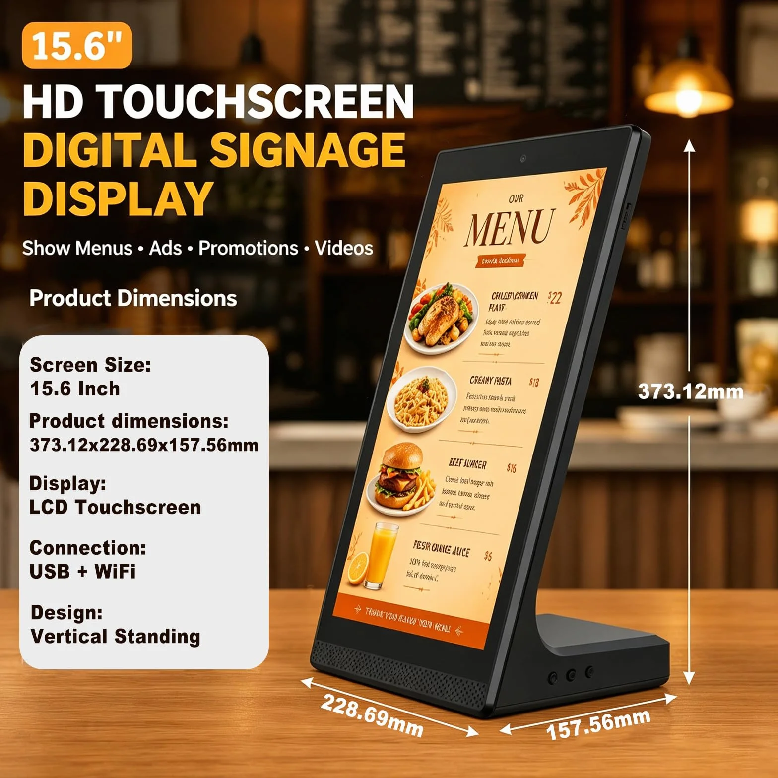 Cyfrowa tablica menu z ekranem dotykowym 15,6 cala do restauracji – wyświetlacz Digital Signage z łącznością Wi-Fi i USB, do prezentacji menu kawiarni i celów biznesowych