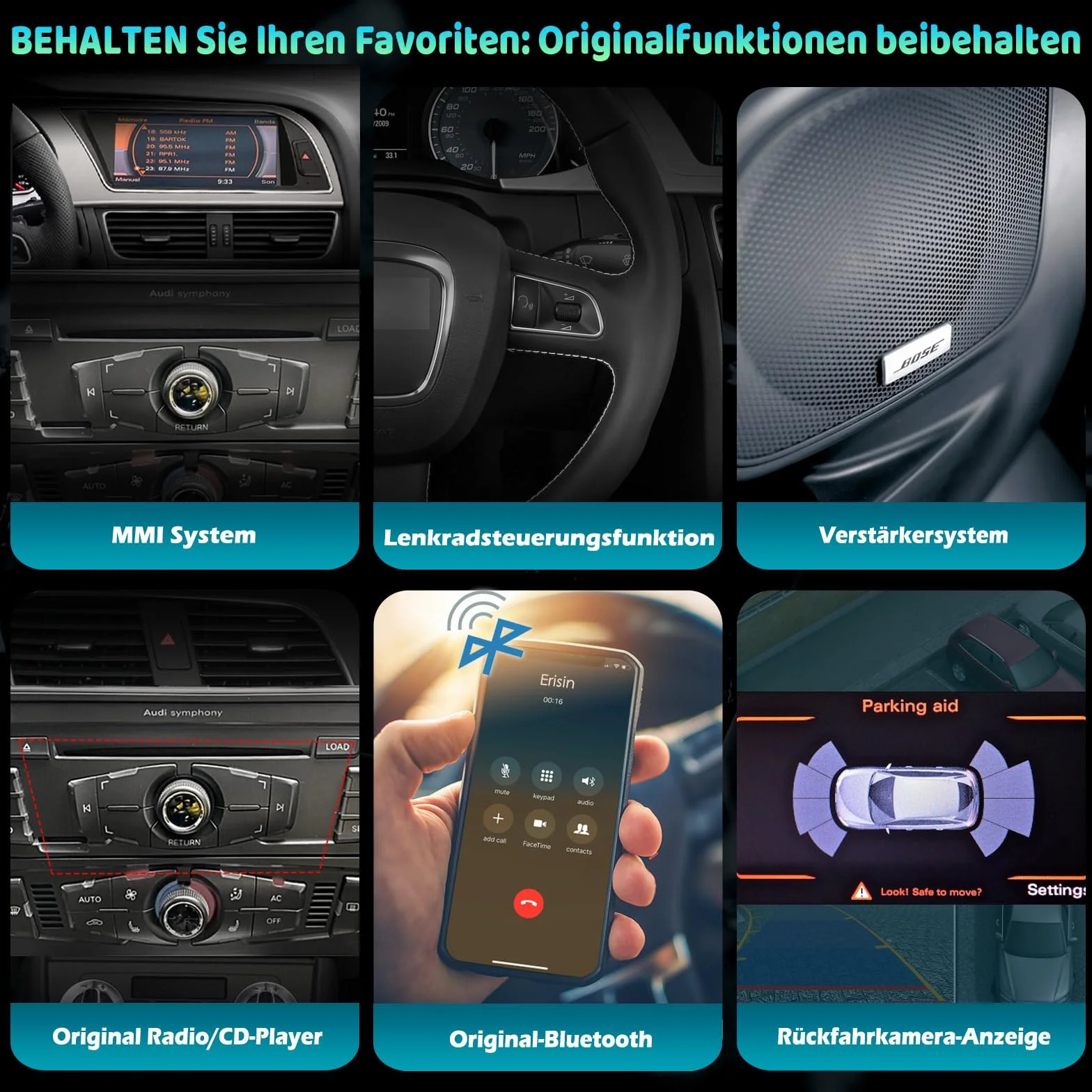 Erisin 8,8 cala 8-rdzeniowy 4 GB + 64 GB Android 13 radio samochodowe Bluetooth 1Din GPS nawigacja do Audi A5 S5 RS5 2009-2016 obsługuje bezprzewodowe CarPlay Android Auto WiFi DAB+ IPS ekran USB DSP