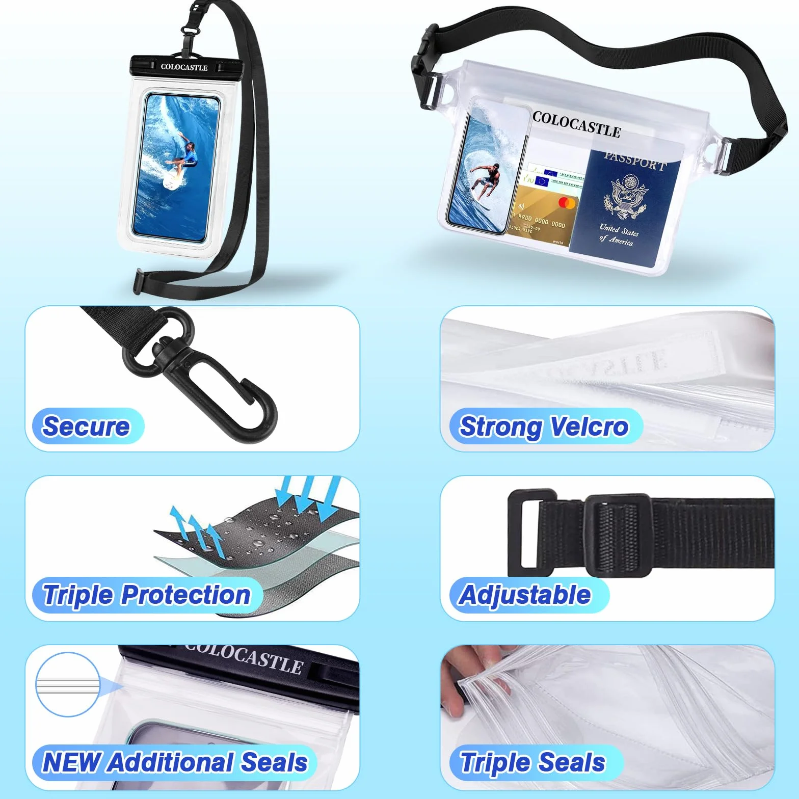 COLOCASTLE Wodoszczelna torba, etui na telefon komórkowy, wodoszczelna torba na brzuch, etui ochronne z IPX8, wodoodporne etui na telefon komórkowy do sportów wodnych, na plażę, do pływania, pływania