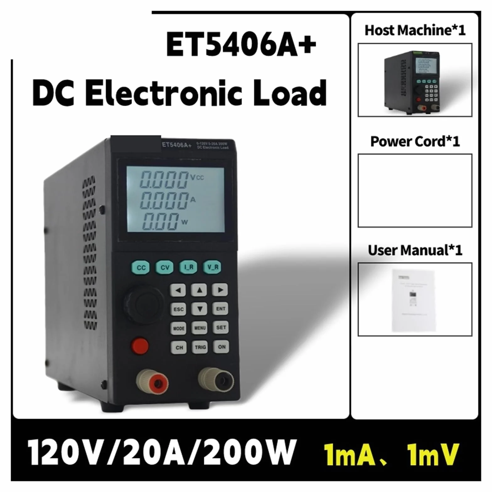 ET5406A+/ET5407A+ 200 W 120 V 180 V 20 A 30 A, programowalny elektroniczny tester obciążenia DC 1 mV/1 mA Tester baterii do CC/CV Pomiar rezystancji(ET5406A plus)