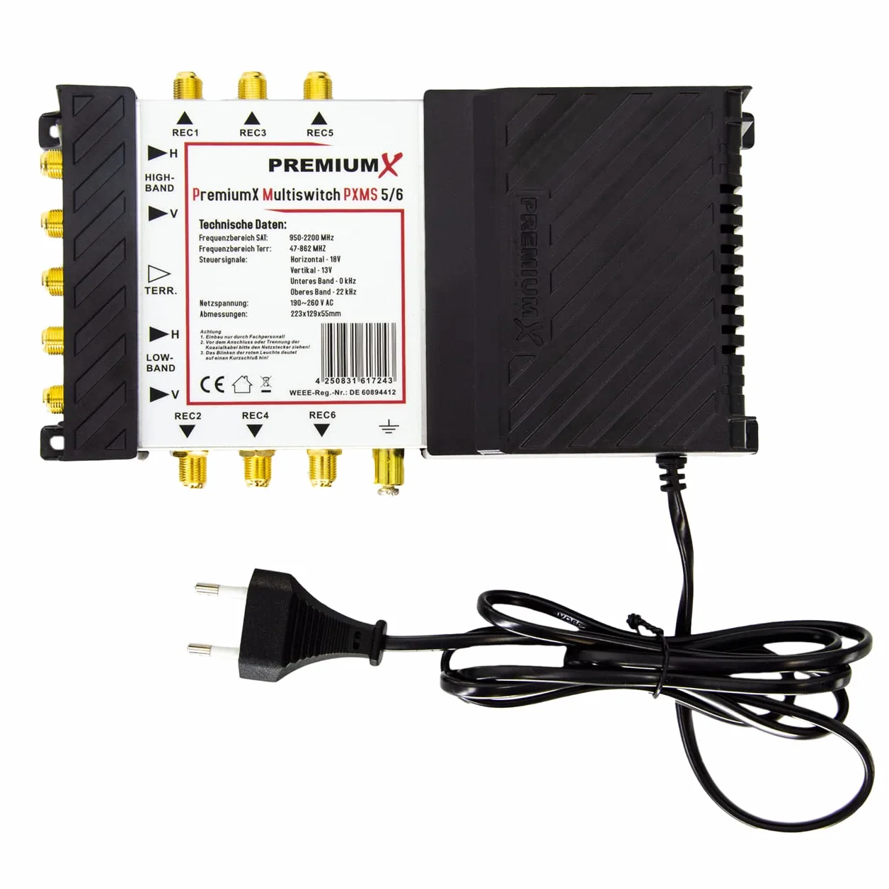 PremiumX PXMS Multiswitch 5/6 z zasilaczem - Dystrybutor sygnałów satelitarnych dla 6 użytkowników - Obsługuje Digital HDTV FullHD 4K UHD 8K