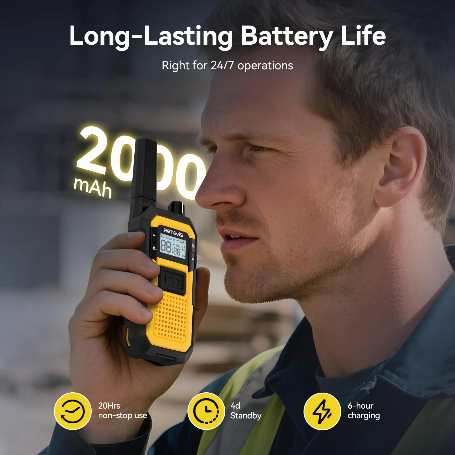 Retevis RB648 Walkie Talkies for Adults, Wodoodporne Krótkofalówki IP67, 2000 mAh, Podwójny PTT, Heavy Duty, SOS Vibration Professional, Wyposażony w ładowarkę 10-portową (10 Szt, Żółty)
