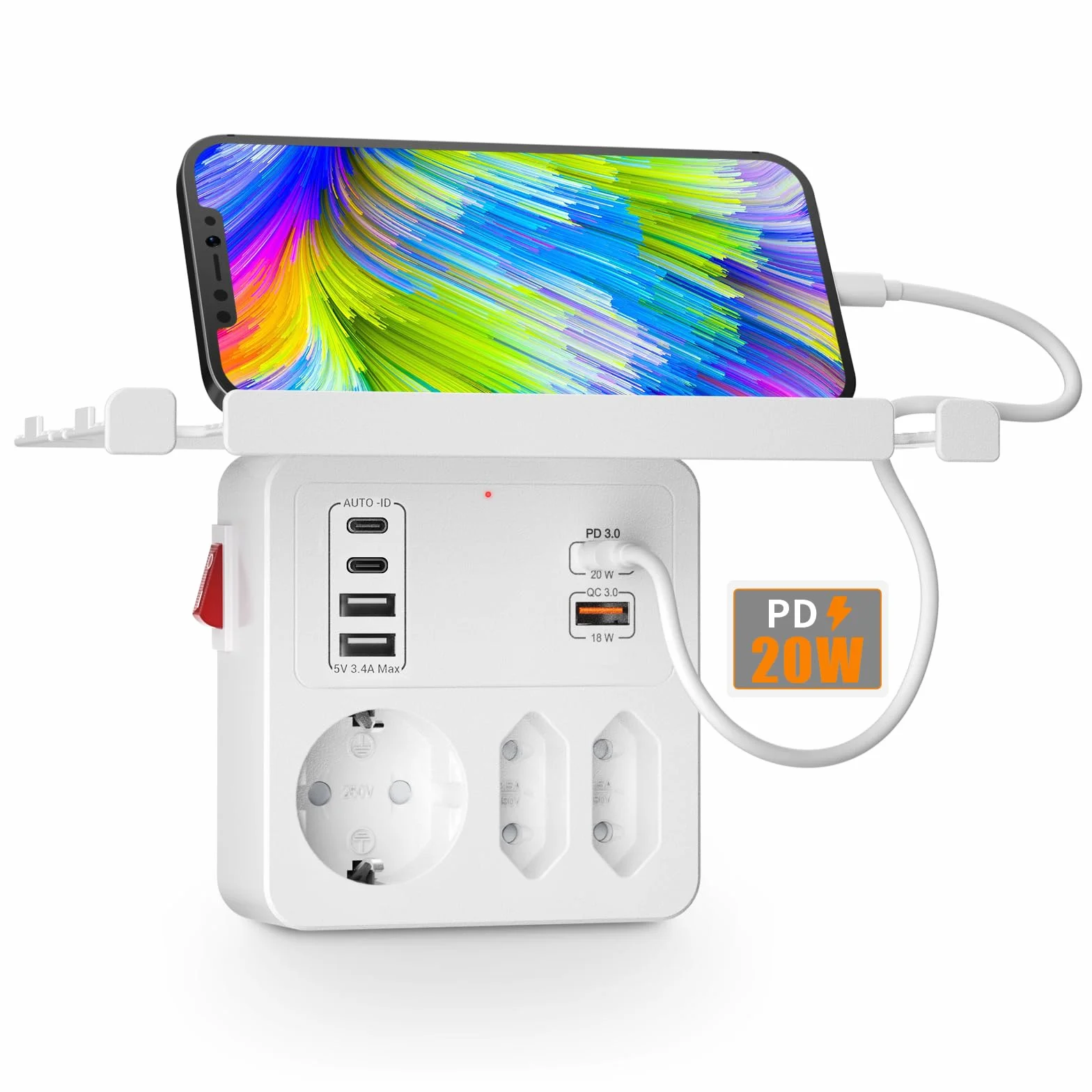 Gniazdo z Przełącznikiem,Adapter Gniazdka z USB C Szybkim Ładowaniem PD20W | Listwa Zasilająca Scienna 3 Gniazda 6 USB z Uchwytem na Telefon,Wielokrotna Gniazda z Półką Wygodny do Sypialni i Mieszkań