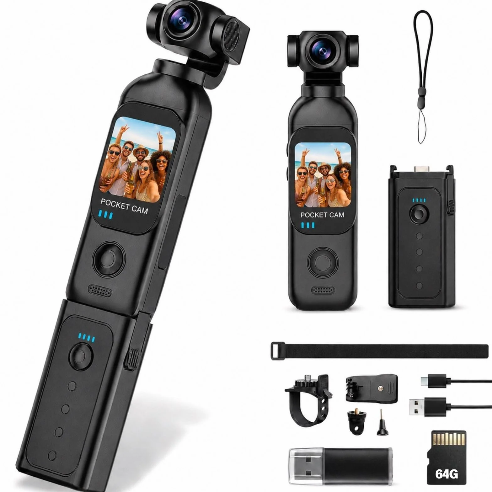 Kamera do vlogowania z obrotowym obiektywem o 270°, kamera kieszonkowa z nagrywaniem audio i wideo, 14-godzinna bateria, przenośna kamera PV 64 GB, łatwe nagrywanie jednym przyciskiem