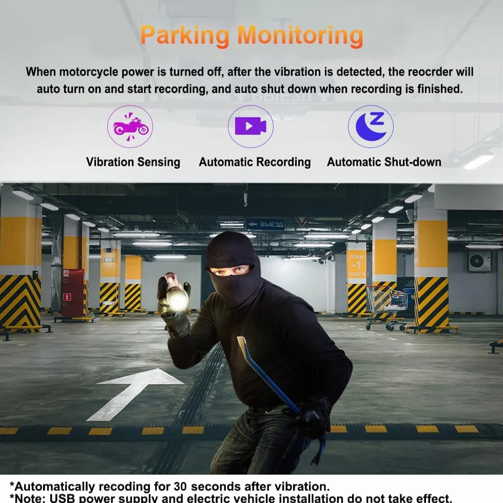 Kamera Motocyklowa VSYSTO WiFi, Monitorowanie Parkingu, GPS, Przednia i tylna Kamera 1080P, Szybkie Pobieranie Wideo, Przewodowy Kontroler, Ostrzeżenie Wibracyjne o Błędach (Q3DL)