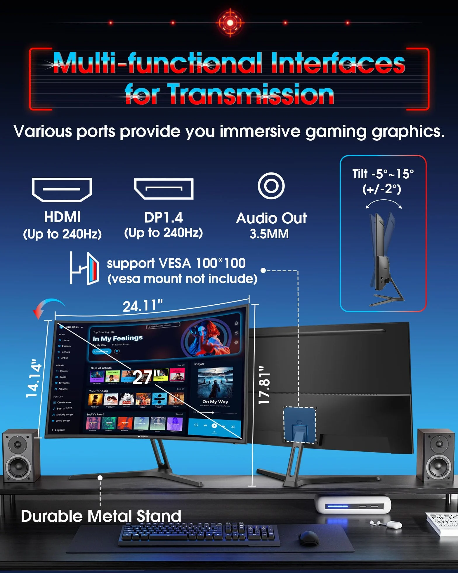 SANSUI Zakrzywiony monitor do gier 27 cali 240 Hz FHD 1080P, zakrzywiony monitor komputerowy 1500R, 130% sRGB, kontrast 4000:1, HDR, FreeSync, MPRT 1Ms, niskie niebieskie światło, porty HDMI DP