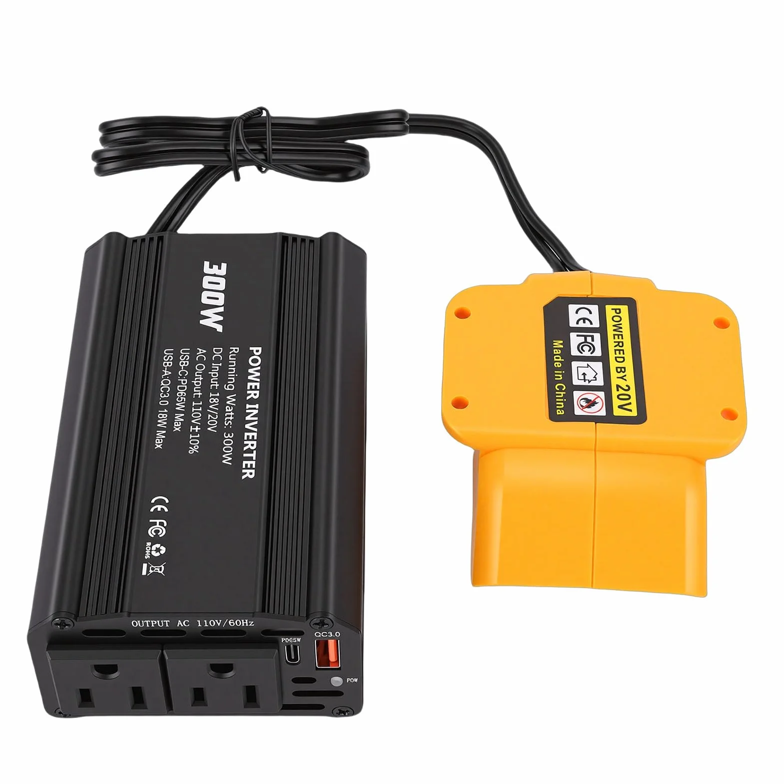 Generic Inwerter Akumulatorowy o Mocy 300 W z 2 Gniazdami Prądu Przemiennego i 1 Portem USB A Pasuje do Akumulatora Konwertuje Zasilanie 18 V na Napięcie 110 V AC Idealny do Wycieczek Samochodowych