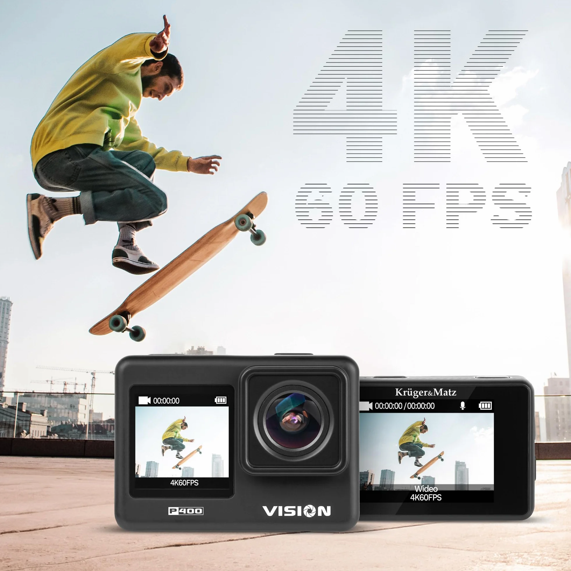 Krüger&Matz Kamera Sportowa 4K 60 FPS Vision P400 4 GB RAM Wyświetlacz 2” 320 x 240 px Wi-Fi Mikrofon Wodoszczelna Obudowa Slow Motion Nagrywanie Poklatkowe KM0292