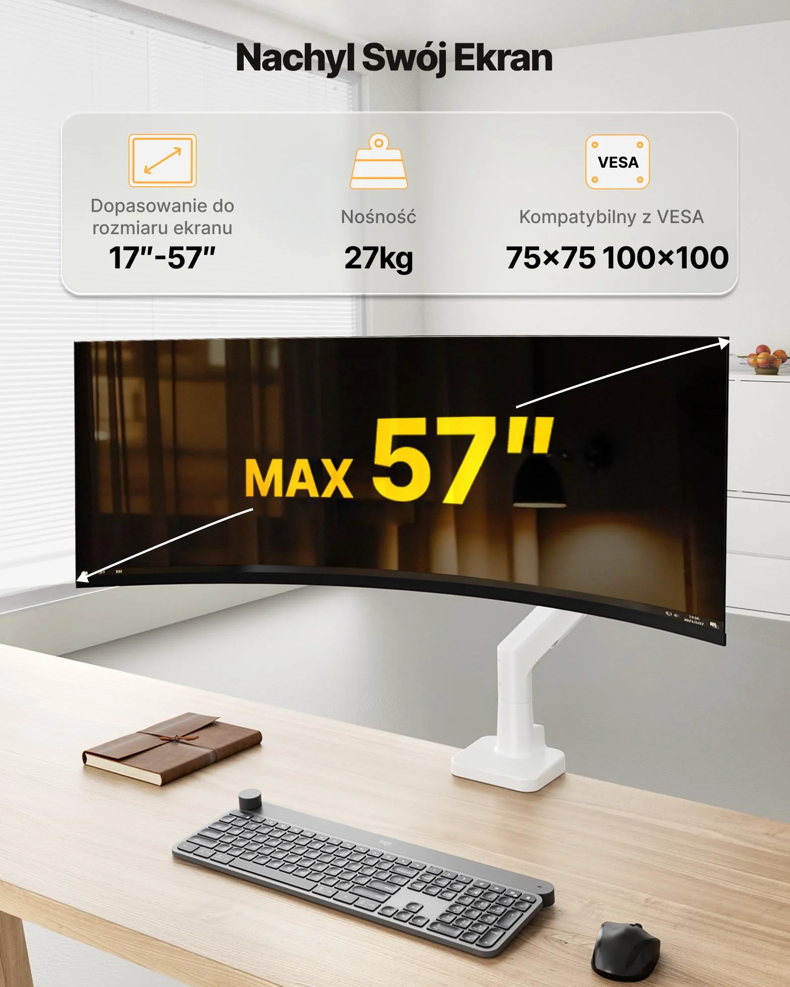 monTEK Wytrzymałe ramię do monitorów ultrapanoramicznych 17–57” do 27 kg | Aluminiowy uchwyt na jeden monitor z opcjami montażu na zacisk C lub przez otwór w blacie, VESA 75 mm/ 100 mm, Biały