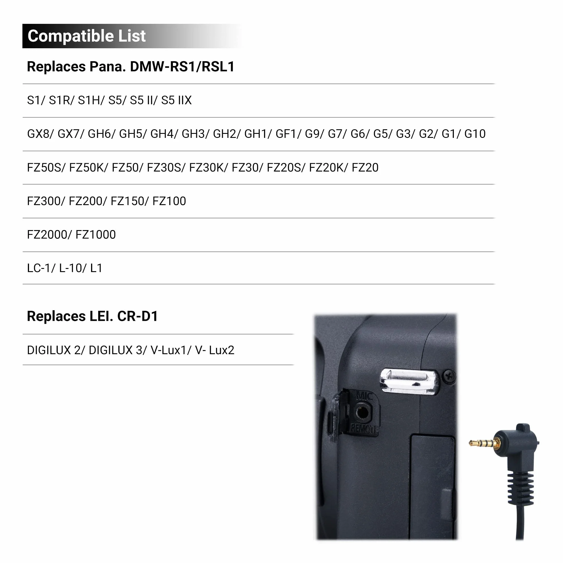 JJC Kabel łączący zwalniacz migawki do aparatów Panasonic S1 S1R S1H S5 S5II S5IIX S9 FZ200 GJ7 GH6 GH5 GH4 G6 GX7 GX8 zastępuje Panasonic DMW-RS1 DMW-RSL1