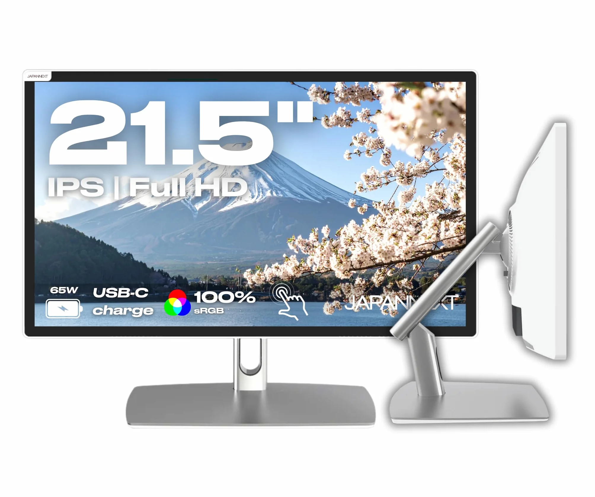JAPANNEXT Biały ekran dotykowy PC 21,5" z przegubowym ramieniem IPS Full HD (1920 x 1080) | HDR | Ładowanie przez USB-C(65W) wysokość i regulowane nachylenie (HSP) | G-Sync/FreeSync | | HDR | Regulowane nachylenie Wbudowane głośniki | 100% sRGB G-Sync/Fre
