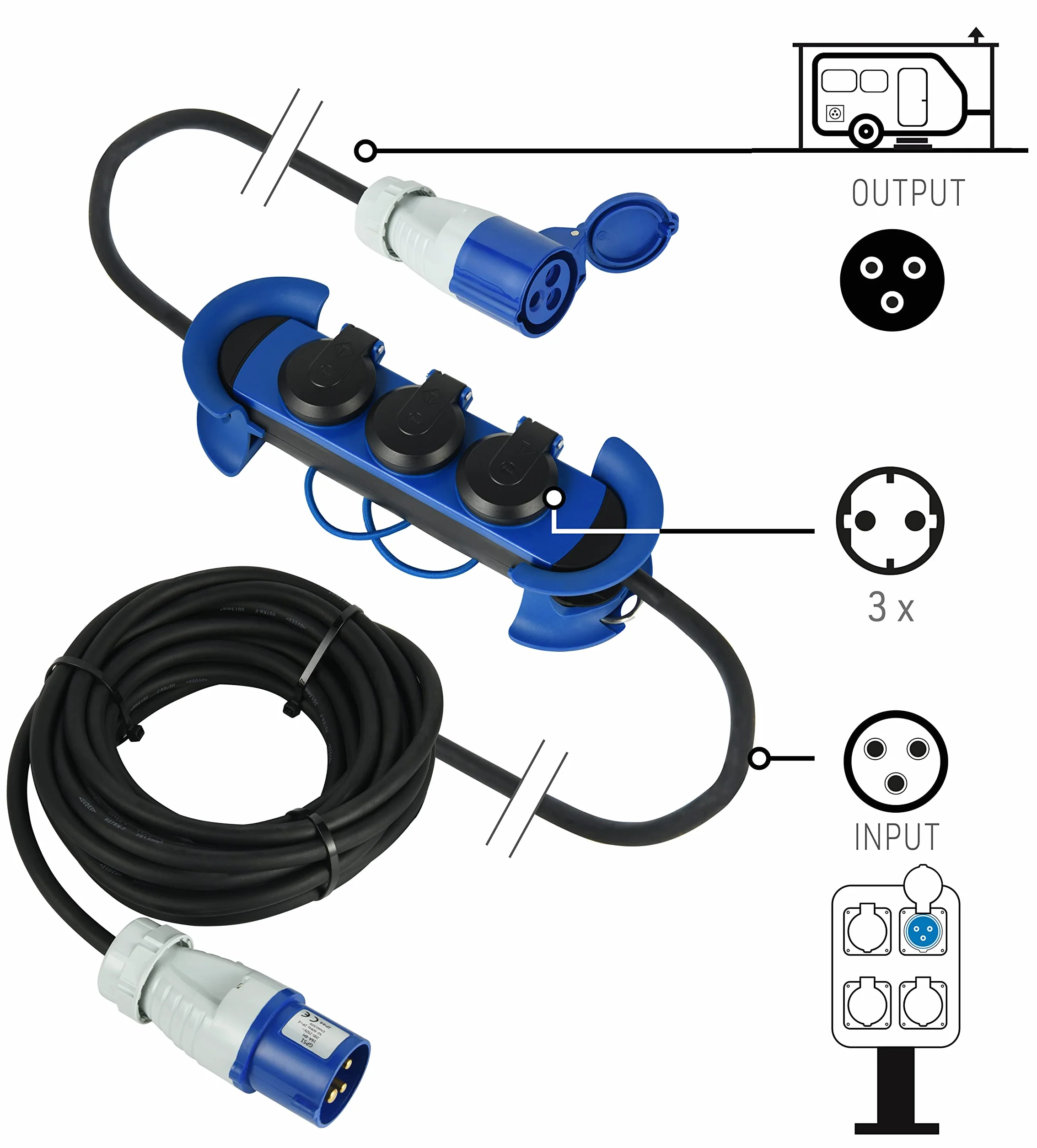 Electraline 62575 profesjonalna listwa zasilająca/przedłużenie do użytku na zewnątrz, wtyczka CEE, gniazda CEE + 3 gniazda Schuko, kabel gumowy 10 m H07RN-F 3G1.5, nadaje się na kemping