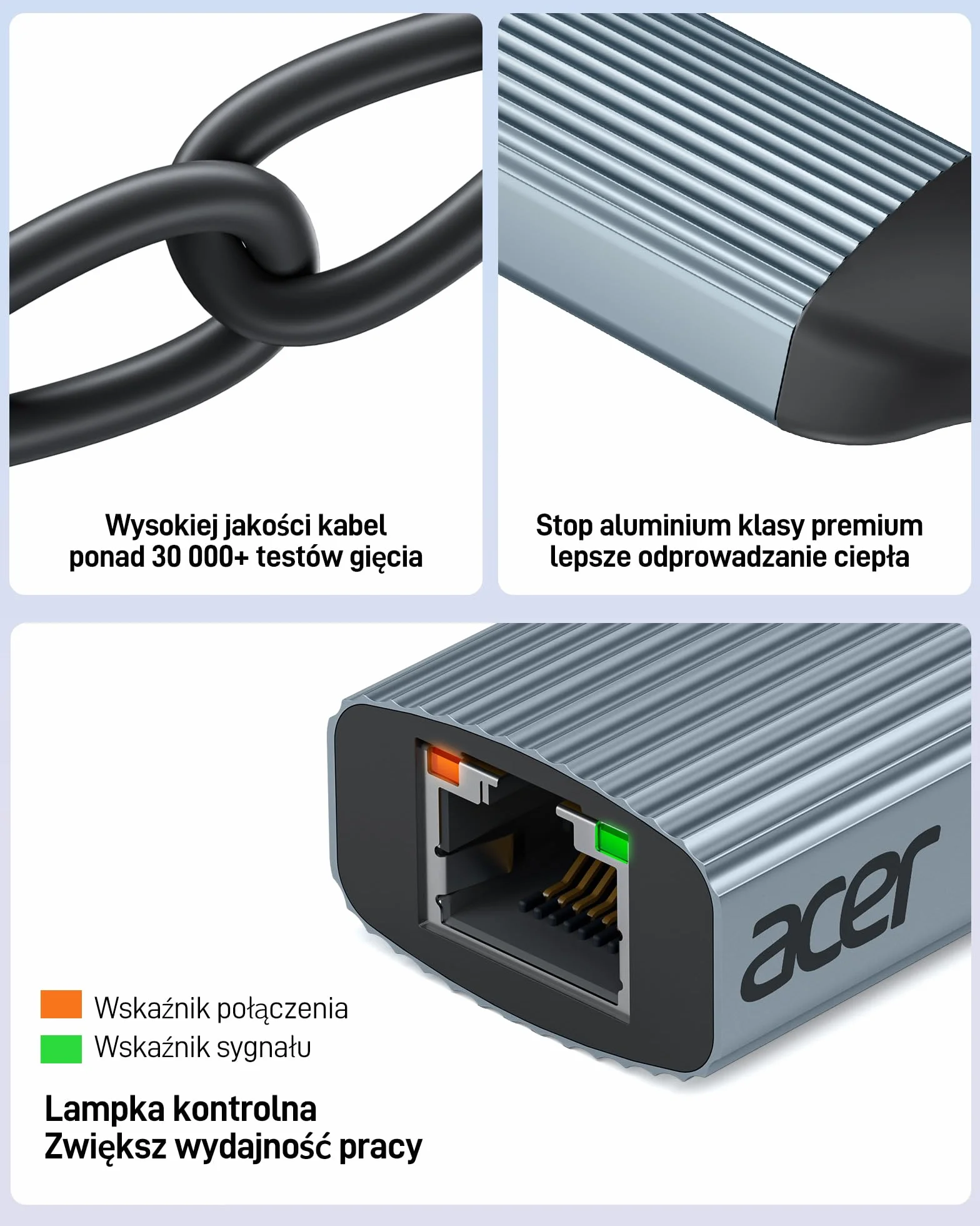 acer Przejściówka USB C na Ethernet, Przejściówka RJ45 na USB Type-C Ethernet bez sterowników, aluminiowa przejściówka LAN 1Gbps do MacBooka Pro/Air, iPada Pro, iPhone'a 16 Pro/Max, Dell XPS (Szara)