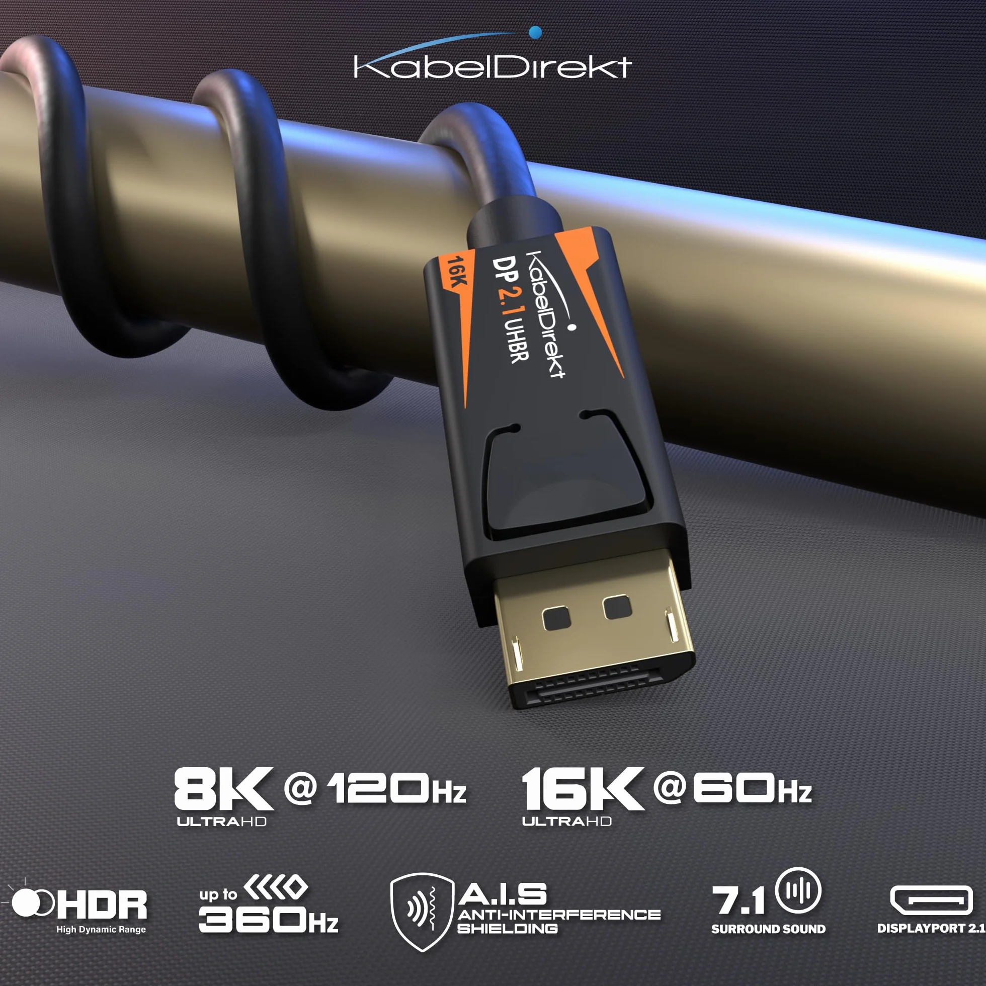KabelDirekt Kabel DisplayPort 2.1 DP 2.1 2m UHBR DP80 80 Gb/s 16K@60Hz 8K@120Hz 4K@240Hz
