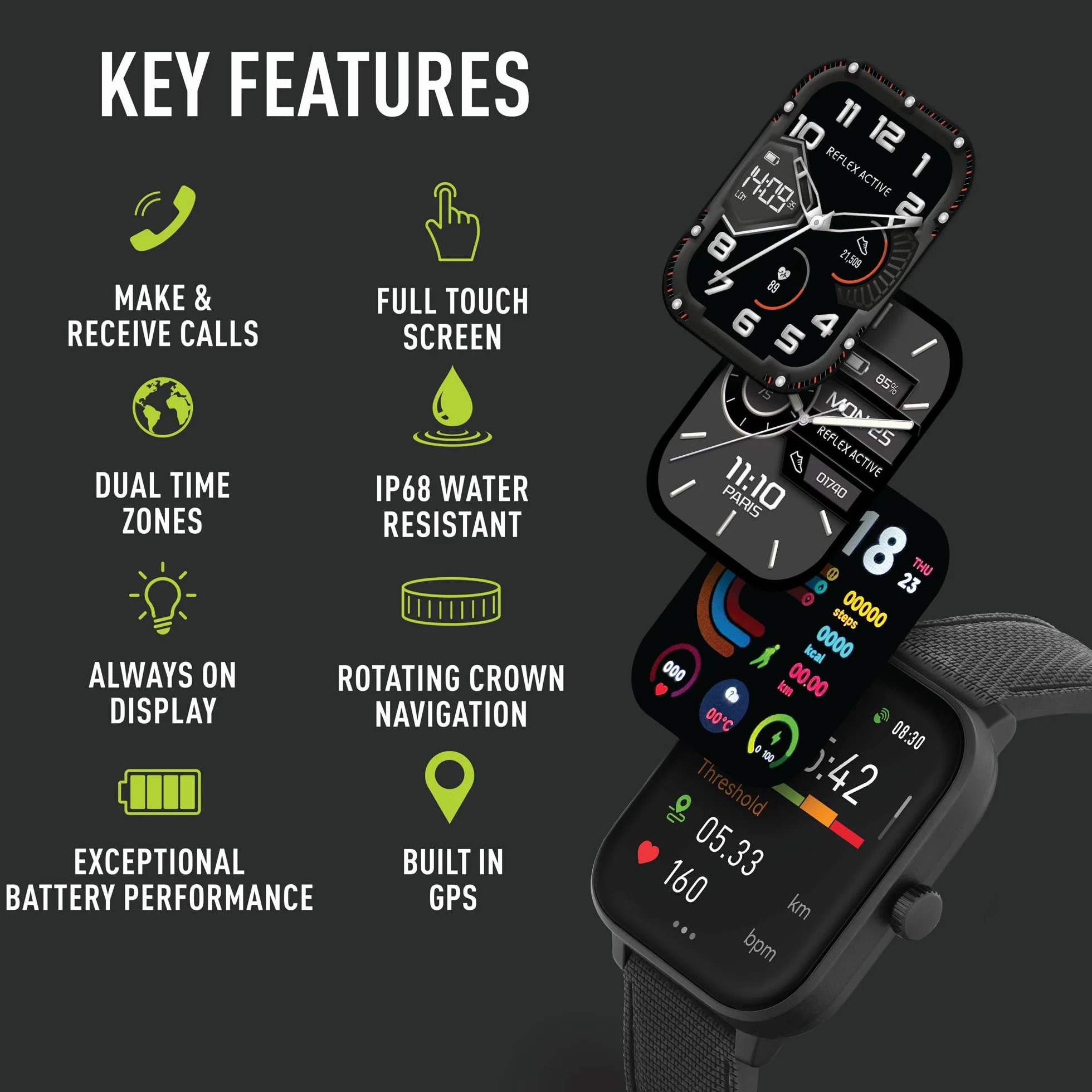 Reflex Active Inteligentny zegarek Amoled Series 44 dla mężczyzn i kobiet z wbudowanym GPS, wodoodpornością IP68, trybami sportowymi, licznikiem kroków, monitorem snu, podwójnym wyświetlaczem czasu i
