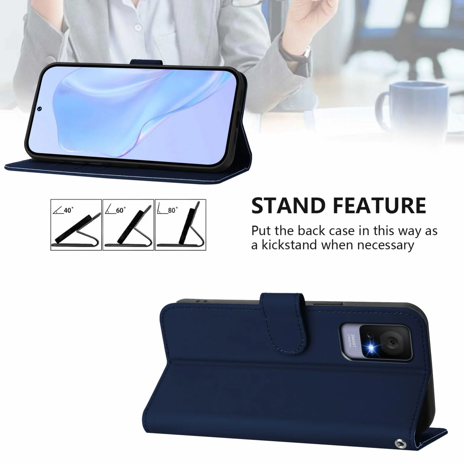 Etui kompatybilne z TCL 405 T506D / TCL 406 T506K / TCL 408 T507D T507U T507A TCL 406S / T506G Etui STAND Flip Book Gel Portfel Magnetyczny Eco Skórzany uchwyt na karty z przegródkami na karty (BLU)
