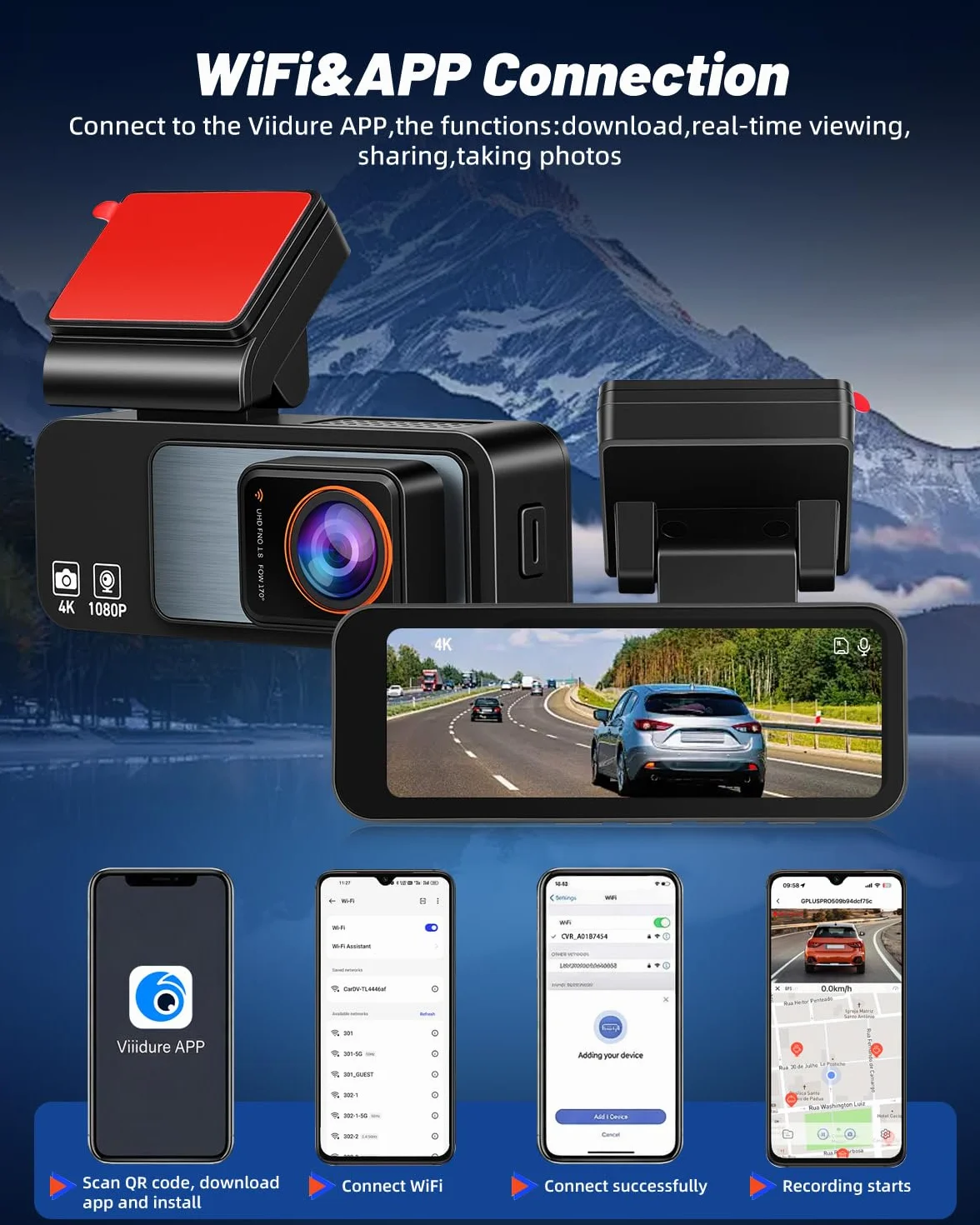 NHOPEEW Podwójna kamera na deskę rozdzielczą 4K z Wi-Fi i GPS, 3,16-calowa kamera samochodowa IPS z przodu 4K + tył 1080p, widoczność w nocy, nagrywanie w pętli, czujnik G, 24-godzinny tryb parkowania