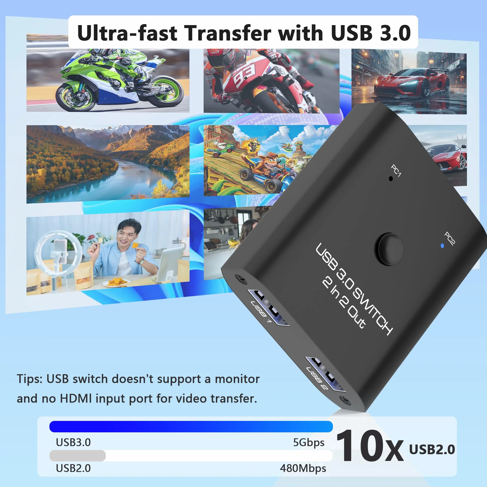 Przełącznik USB 3.0 2 w 2 wyjścia, przełącznik USB do 2 komputerów, do udostępniania klawiatury, myszy, drukarki, przełącznik udostępniania USB do Windows/Mac/Linux, 2-portowy przełącznik USB z 2