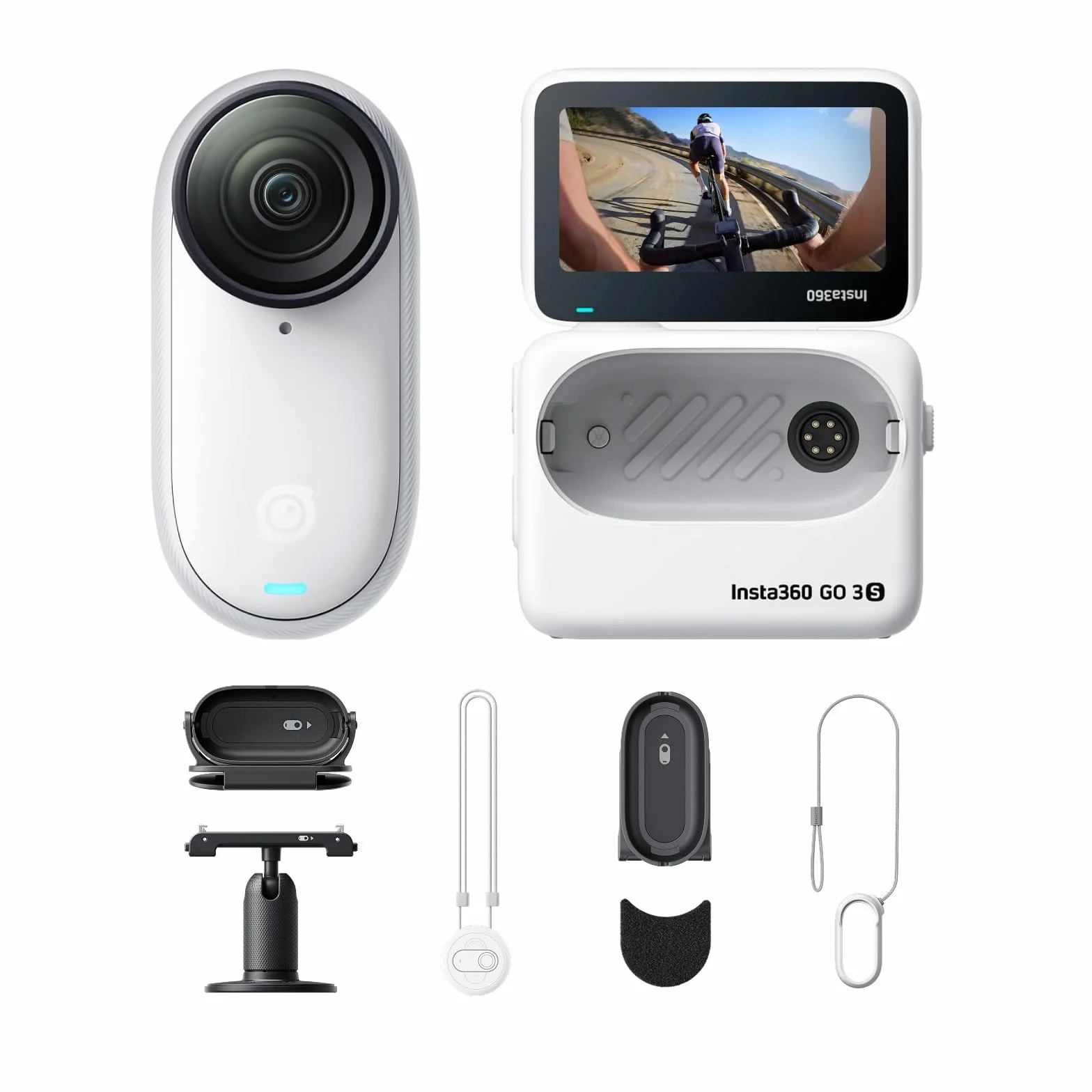 Insta360 GO 3S Cycling POV Bundle 64GB biały - mała przenośna kamera do vlogowania 4K, bez użycia rąk, mocowanie w dowolnym miejscu, stabilizacja, 140 min pracy baterii, wodoodporność 10 m, edycja AI