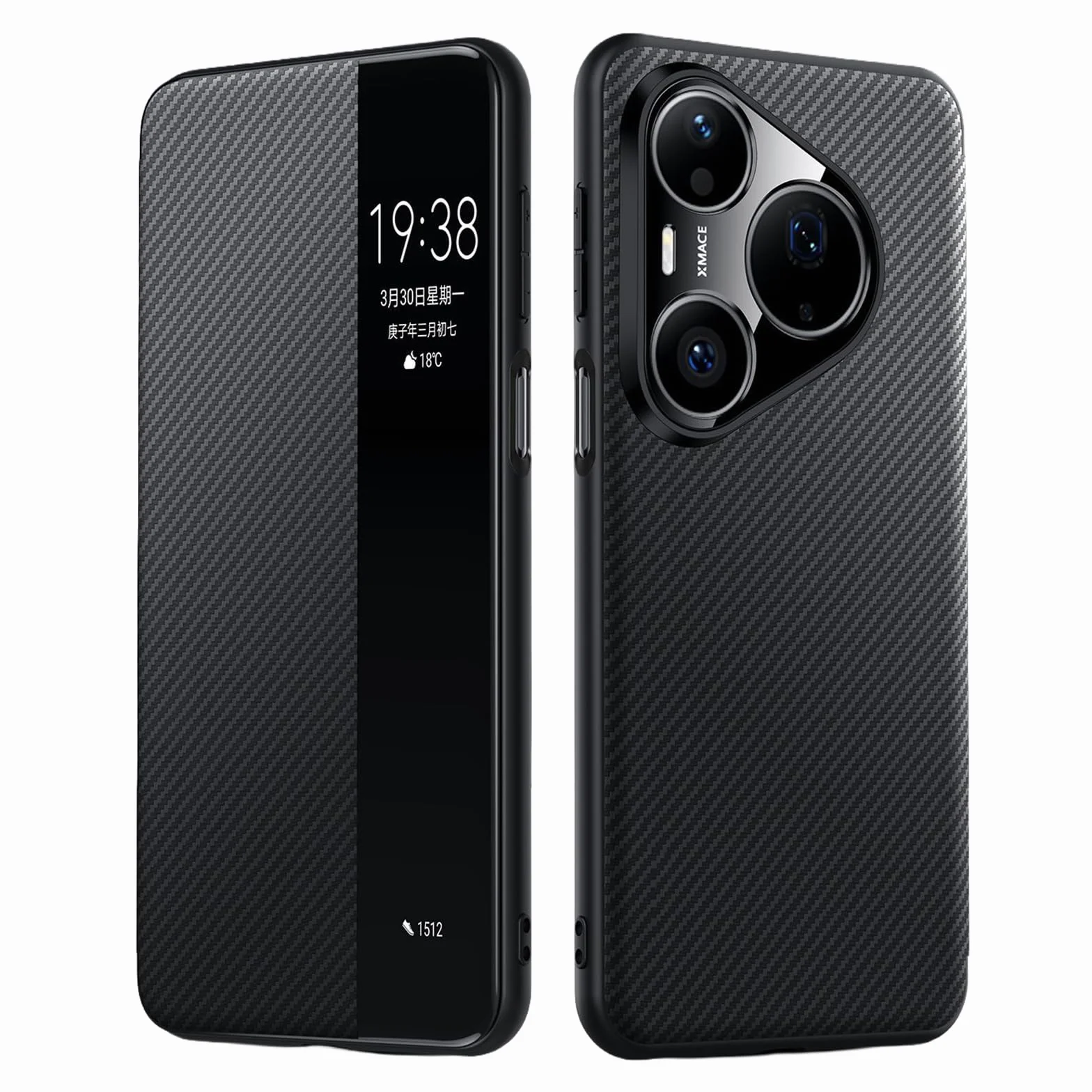 Cienkie etui do Huawei Pura 90 Pro Max / 90 Pro / 90, luksusowe, biznesowe etui z włókna węglowego, skórzane etui na telefon komórkowy, inteligentne okienko, z klapką, czarne, 90
