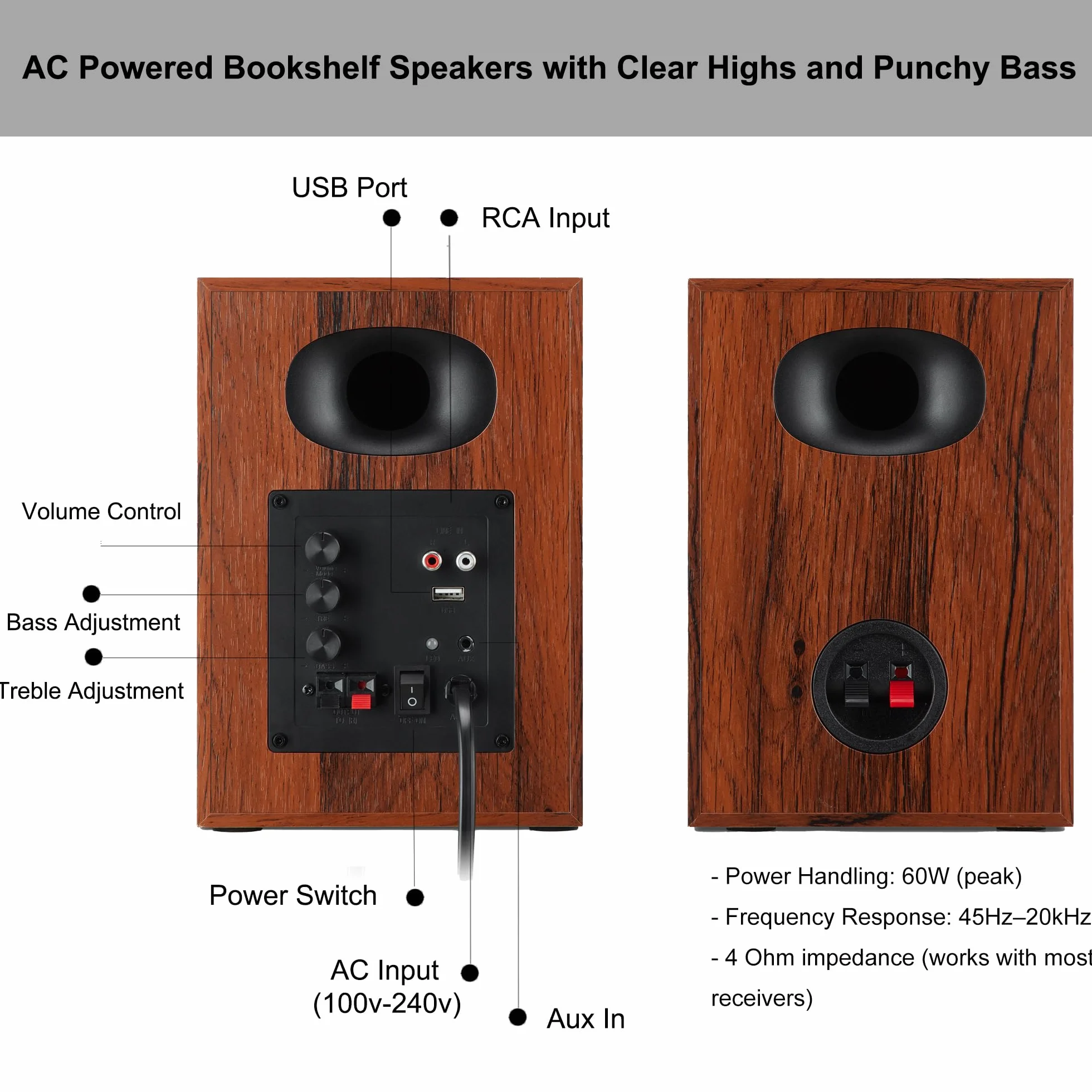 Głośniki półkowe z głębokim basem, szczytowa moc 80 W, głośniki komputerowe HiFi, 10 cm, stacjonarny system audio do domowej rozrywki, gramofonu, pary, orzech włoski
