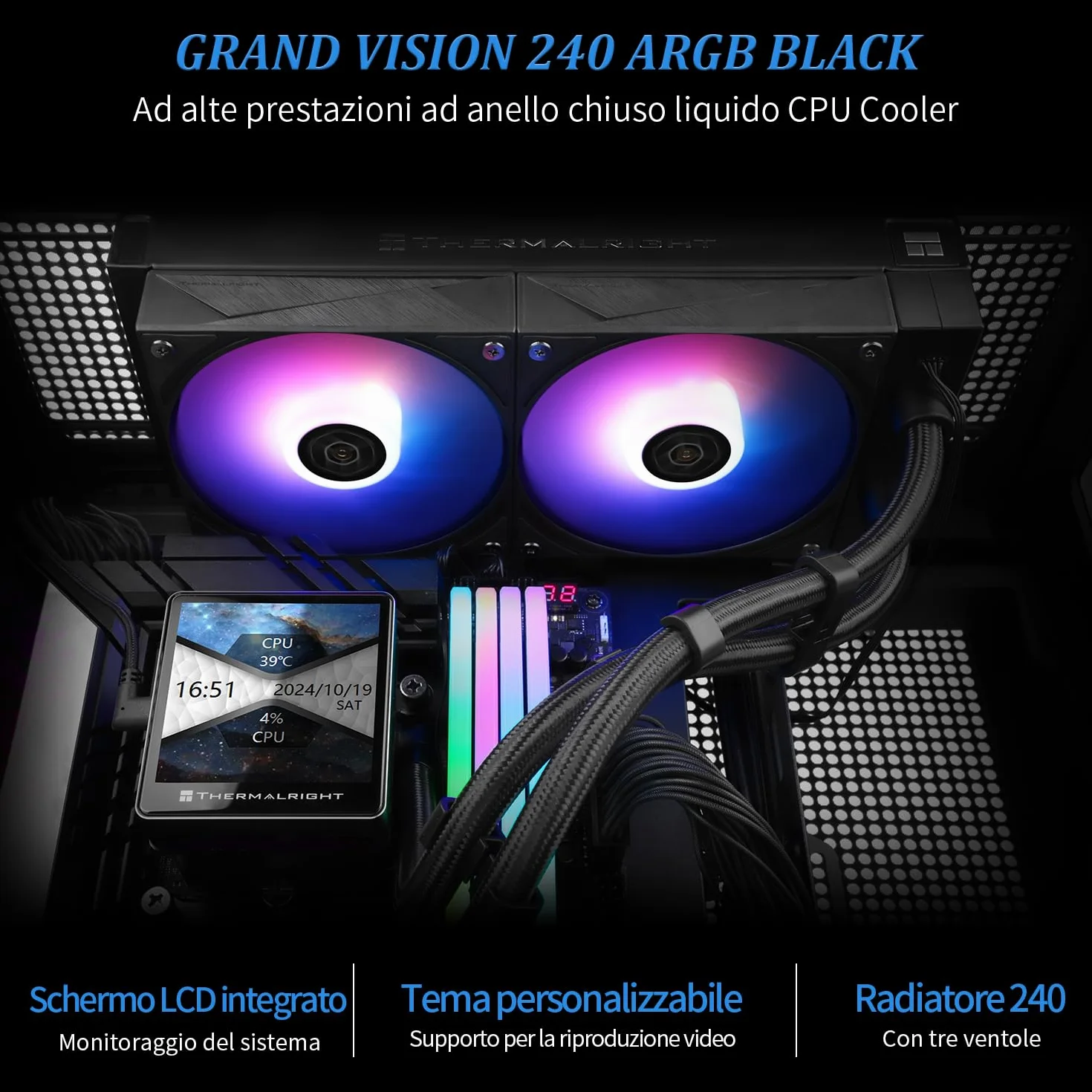 TR Grand Vision 240 ARGB Black AIO CPU, ekran LCD IPS o rozdzielczości 480 x 480, do AM5/LGA1851/1700,3,4 cala, magnetyczny ekran LCD do obrazów-czarny