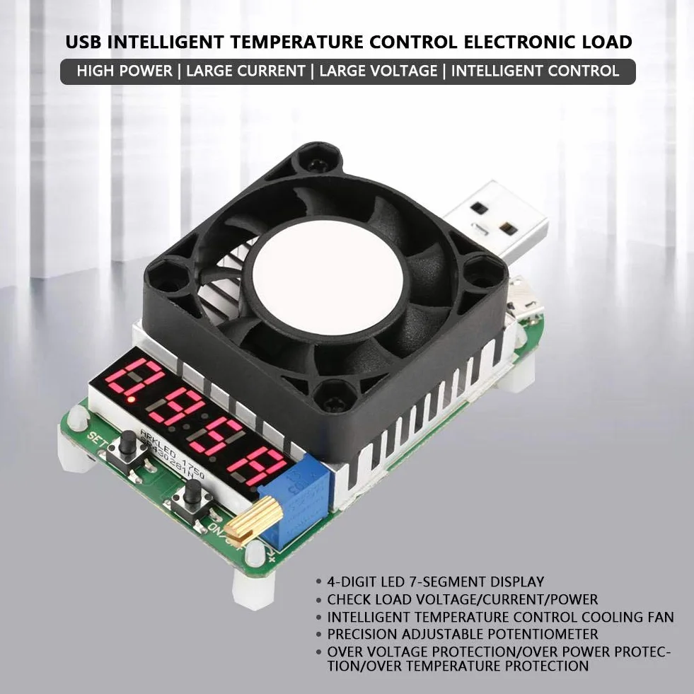Akozon USB Load Tester Elektroniczny tester obciążenia Moduł rezystancji Test baterii LD25 Regulowany tester napięcia prądu