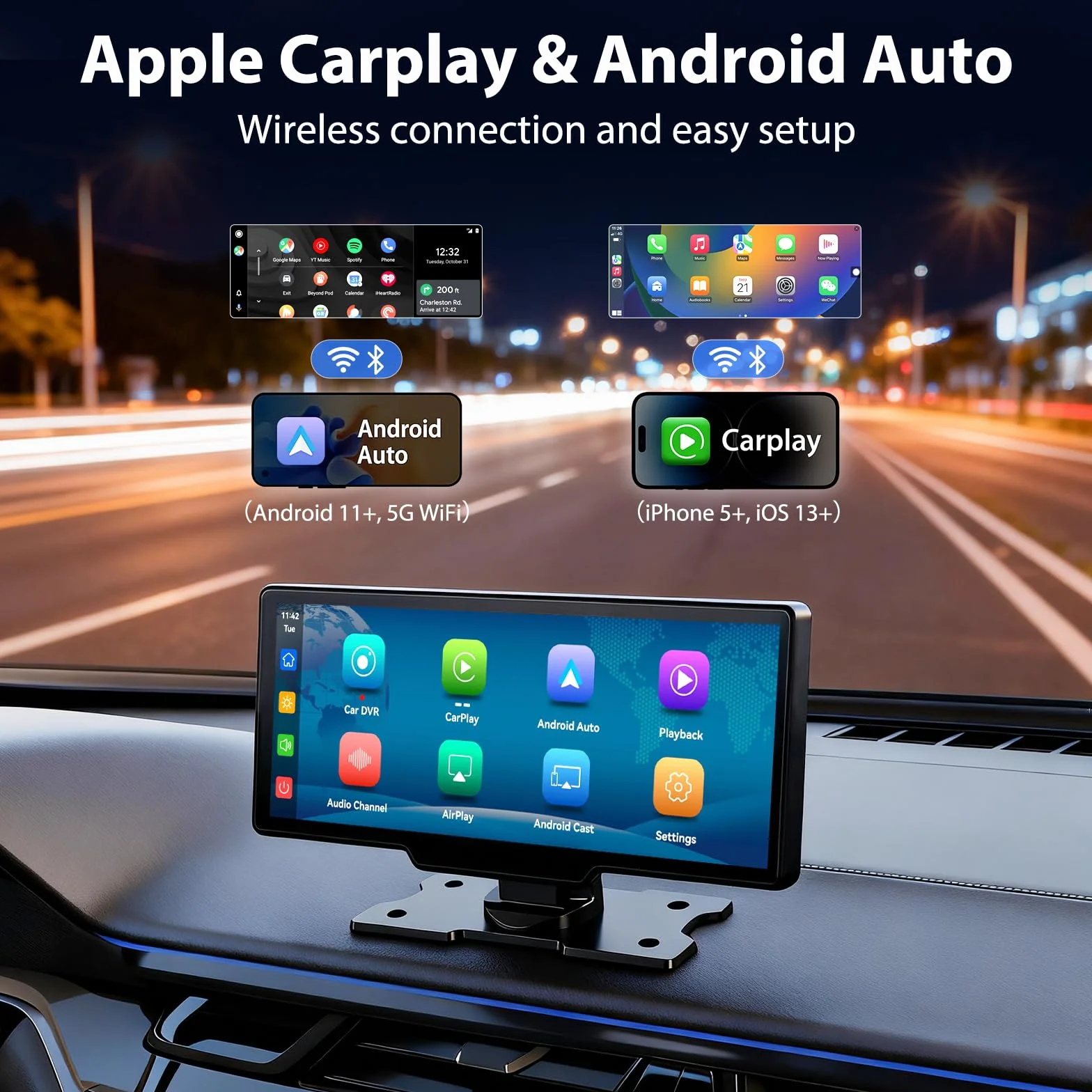 Bezprzewodowy ekran Carplay i Android Auto 26.1 cm, Apple Car Play z kamerą samochodową 4K i kamerą cofania, nawigacja GPS i sterowanie głosem, ekran Carplay do samochodów, SUV-ów, vanów (ADAS)