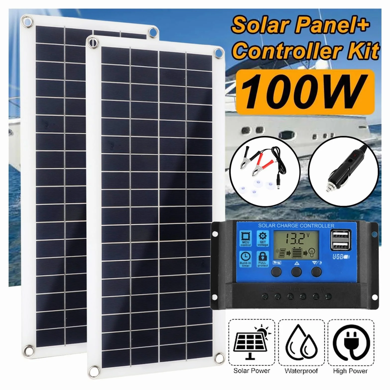 łAdowarka Z Panelem SłOnecznym 100W zestaw paneli słonecznych podwójny 12V USB z kontrolerem 30A/60A ogniwa słoneczne poli ogniwa słoneczne do samochodu jacht RV ładowarka(2B+30A controller)