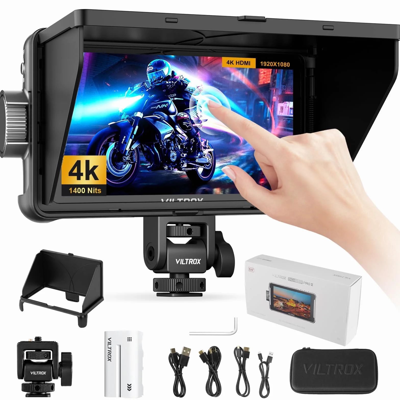 VILTROX DC550 PRO II monitor polowy DC-550 PRO (2026) do DSLR, ekran dotykowy, monitory 4K 1400 Nit, zewnętrzny monitor do aparatu Sony Canon Nikon 3D LUT 1920 x 1080 IPS z baterią Sunshield