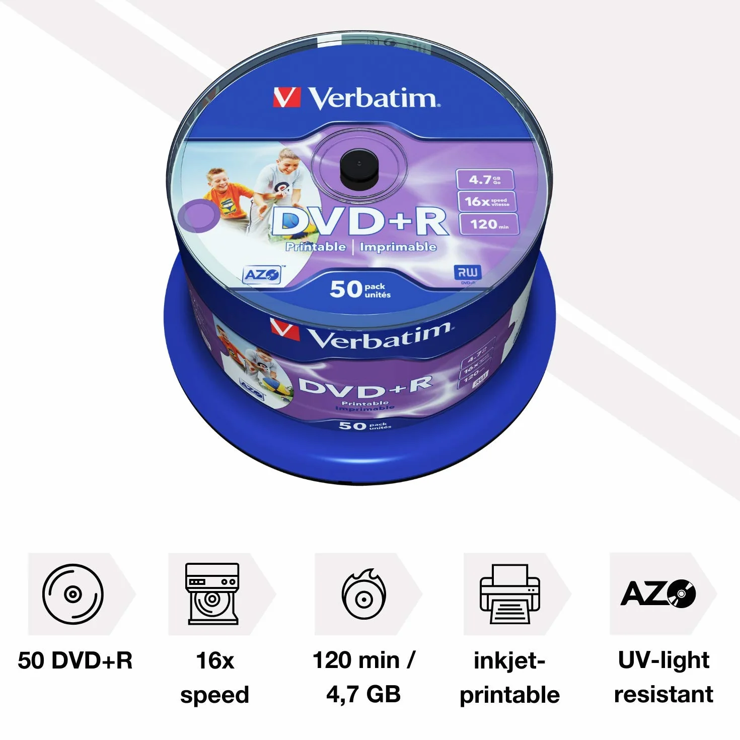 Verbatim DVD-R Wide Inkjet Printable 4.7 GB, 50 Szt, Wrzeciono, Półfabrykaty DVD do Drukowania, 16-Krotna Prędkość Wypalania i Hardcoat Scratch Guard Scratch Guard, DVD-R Printable, DVD Pusty